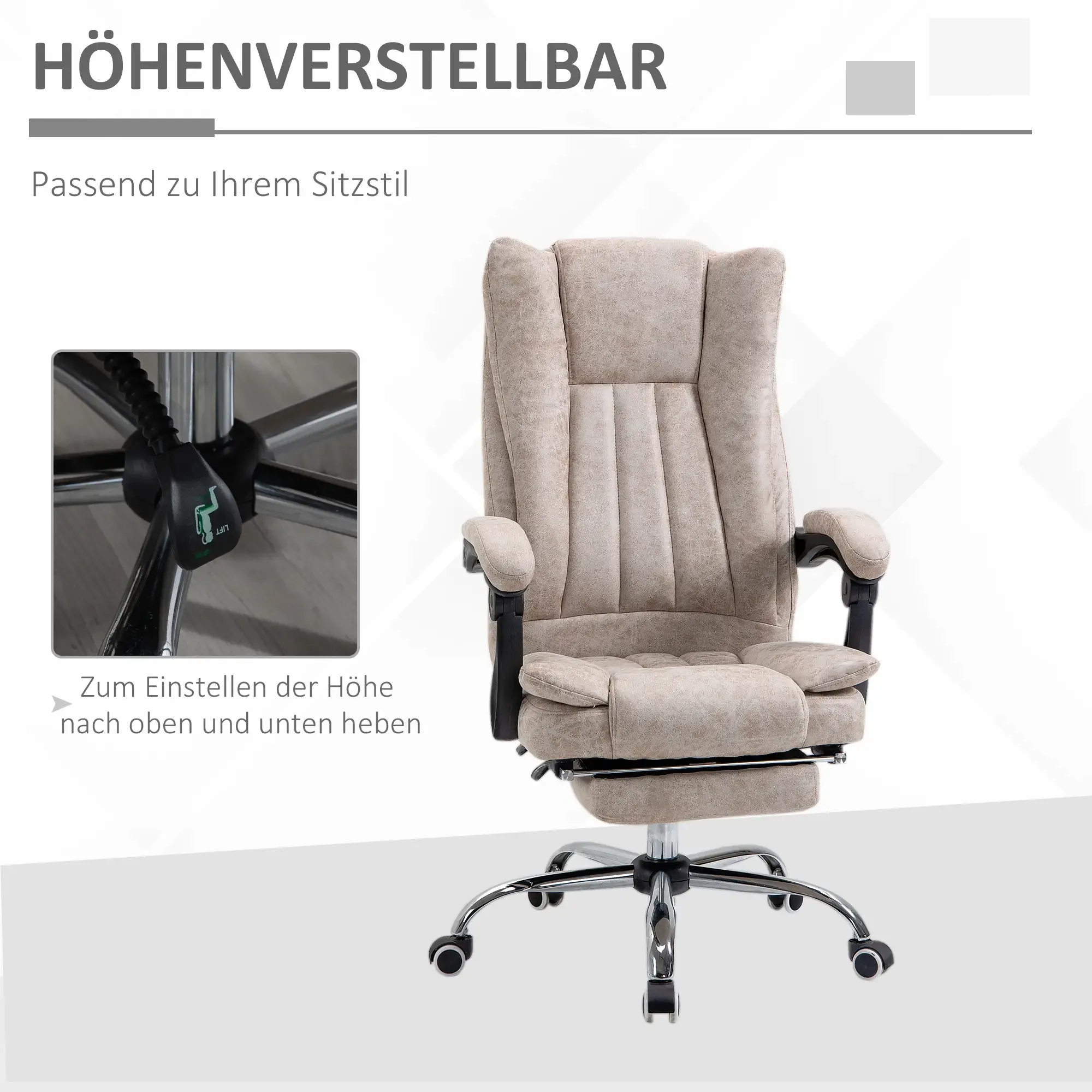 Ein beigefarbener Bürostuhl mit höhenverstellbarer Funktion wird gezeigt. Der Stuhl hat Armlehnen, eine hohe Rückenlehne und ein Chromgestell mit Rollen.