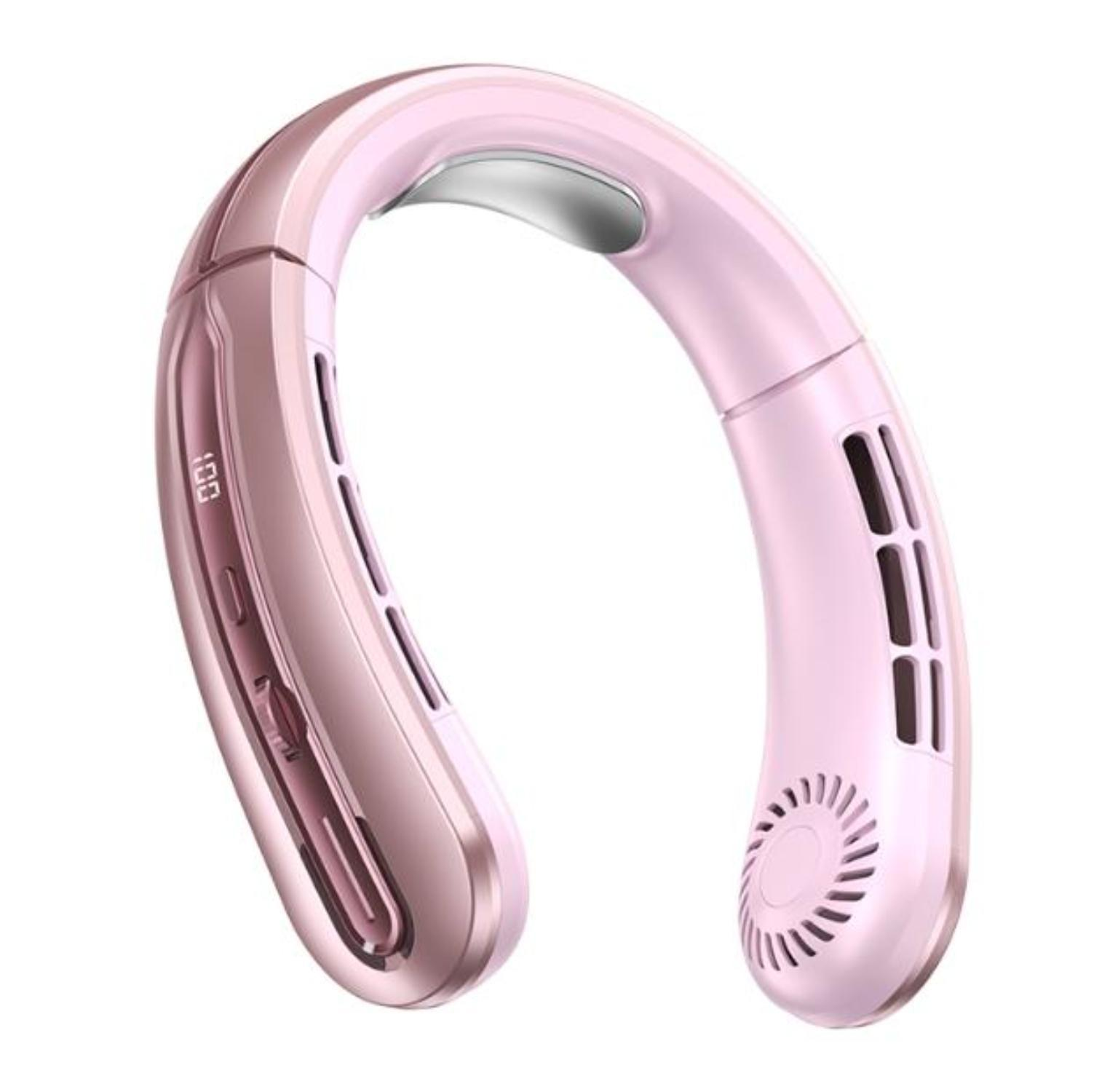 Ein rosa Nackenfächer wird mit einer Bogenform dargestellt. Es hat Lüftungsschlitze, eine digitale Anzeige und eine Metallverkleidung auf weißem Hintergrund.