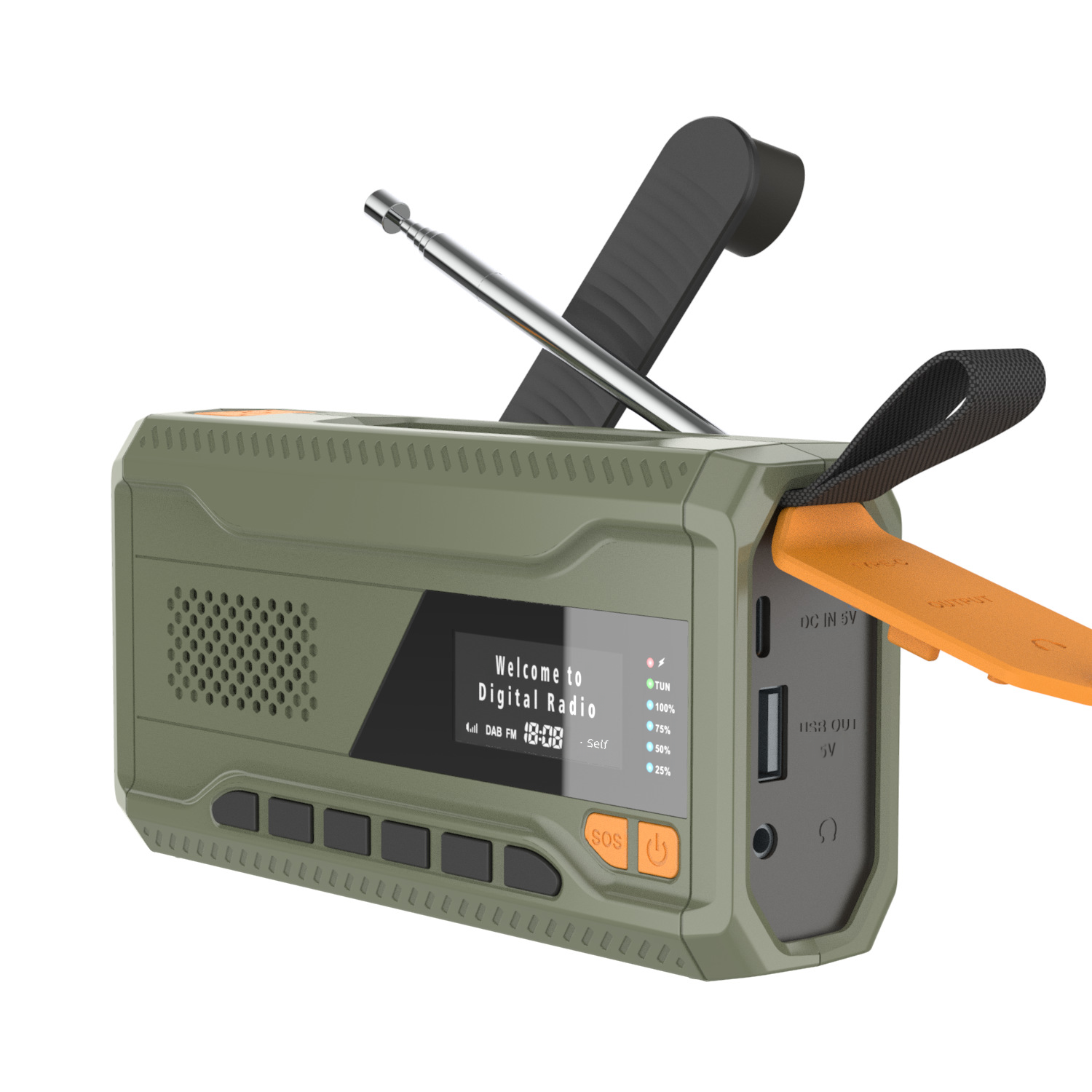 Grünes Digitalradio mit Antenne, Display und orangefarbenen Akzenten. Mit Knöpfen und USB-Anschluss. Schwarzer Griff und Riemen befestigt.