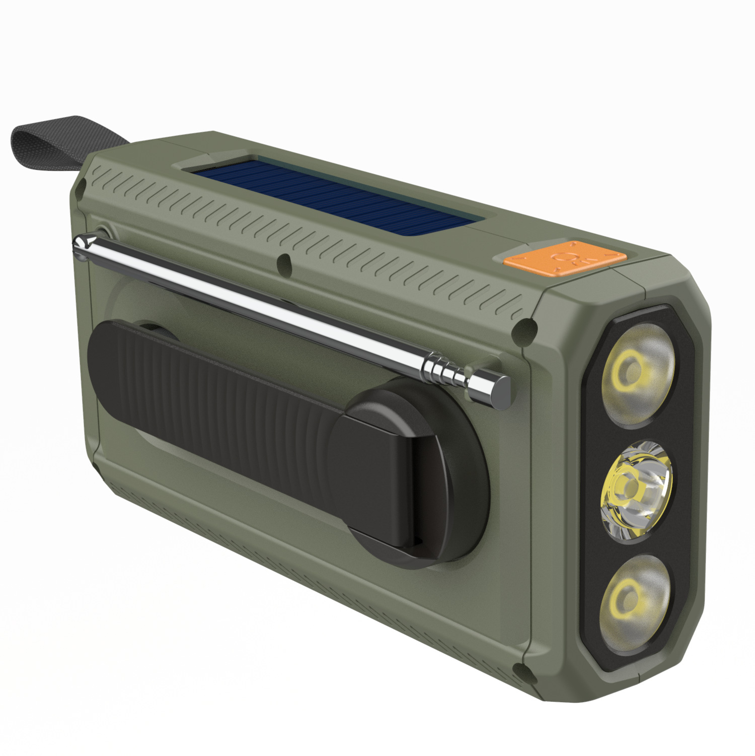 Eine grüne, solarbetriebene Taschenlampe/Radio mit Griff, Antenne und drei hellen Lichtern. Hat einen orangefarbenen Knopf und einen schwarzen Griff.