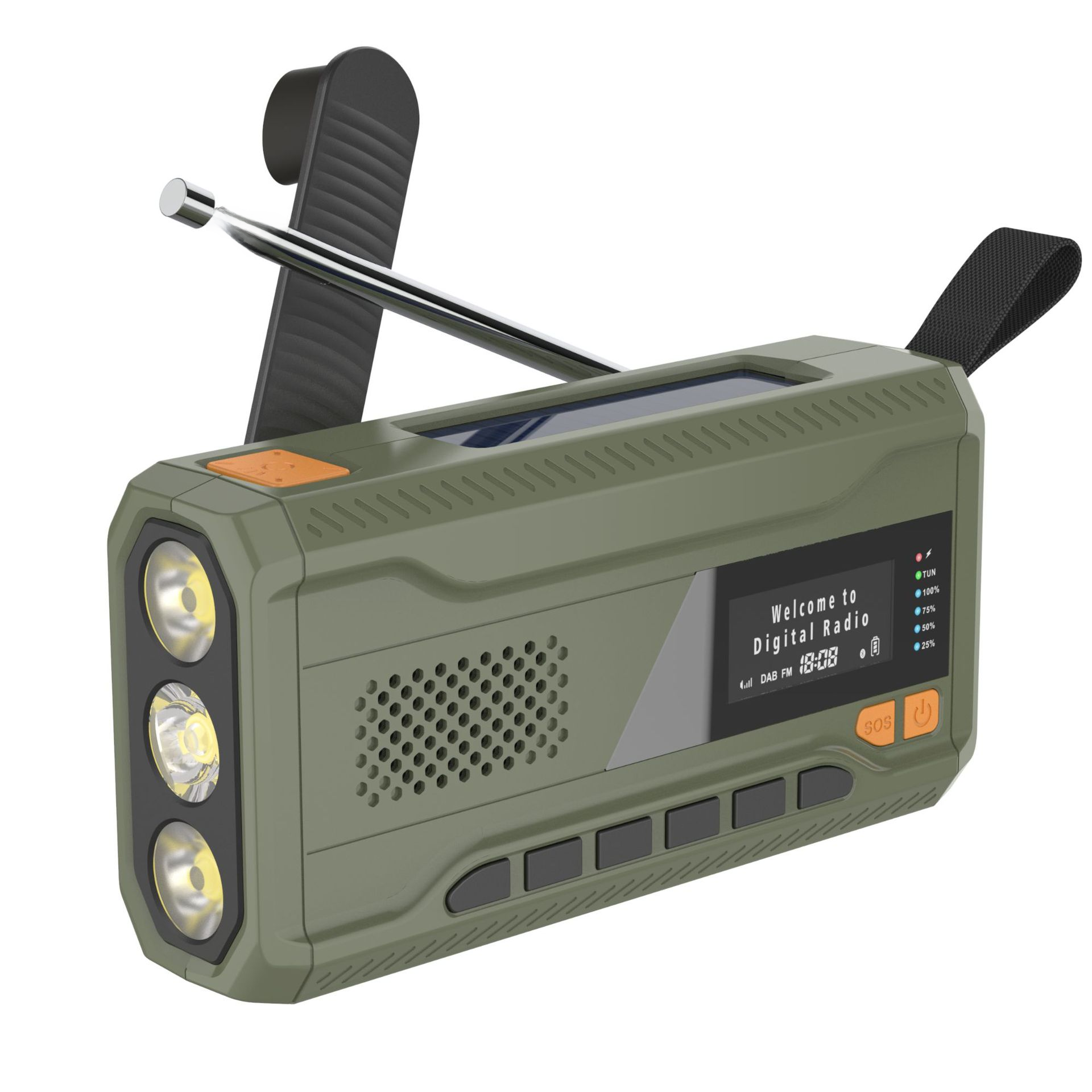 Grünes Digitalradio mit Antenne, Lichtern und Display. Zeigt 'Welcome to Digital Radio', DAB FM und Batteriestatus an.