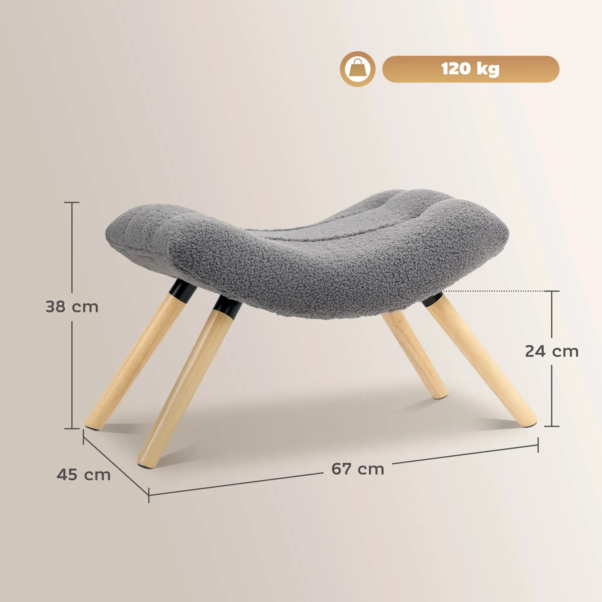 Ein grauer Hocker mit Holzbeinen. Abmessungen sind angegeben. Der Hocker ist für 120 kg ausgelegt.