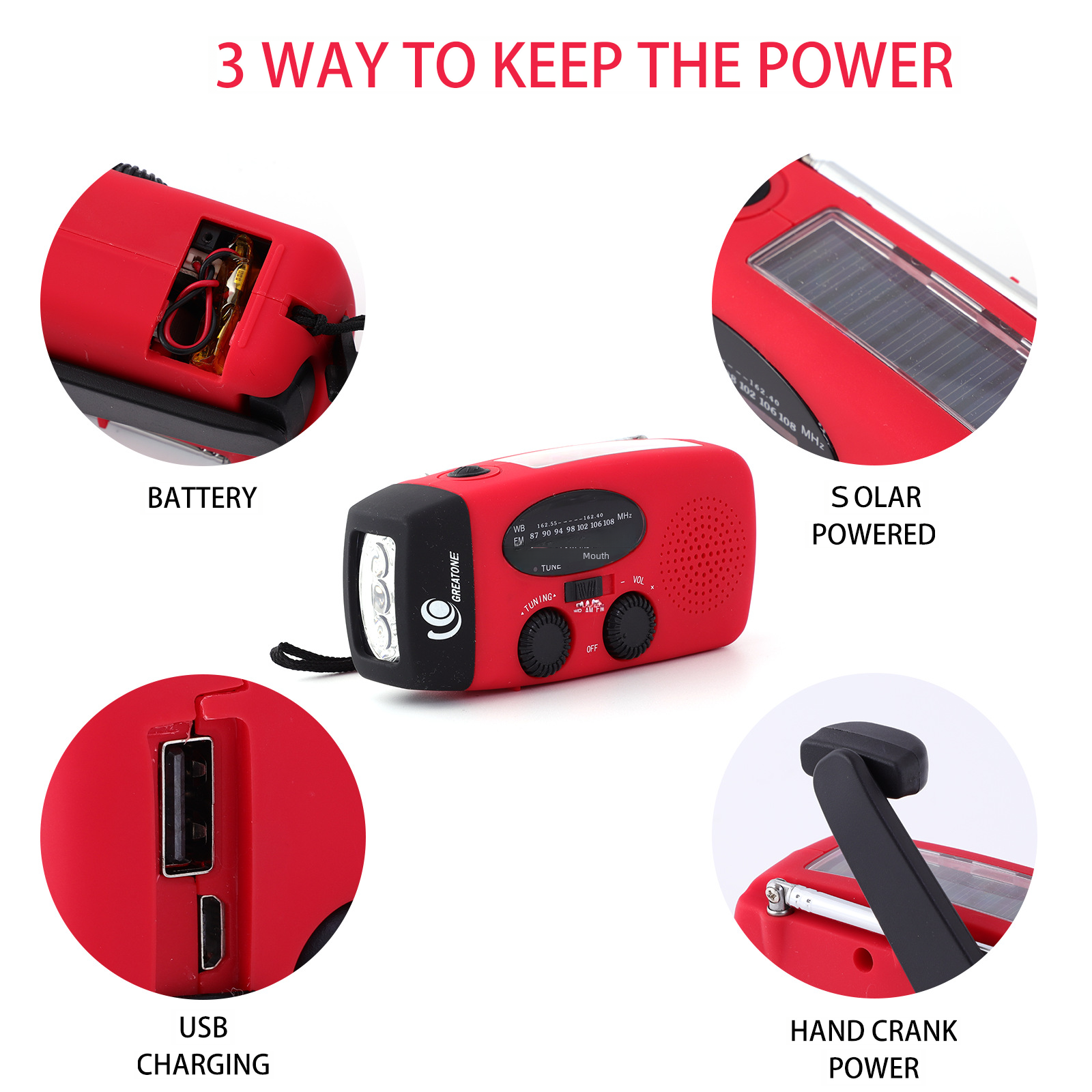 Ein rotes Notradio mit Batterie, Solar- und Handkurbeloptionen, USB-Aufladung und einer Taschenlampe.