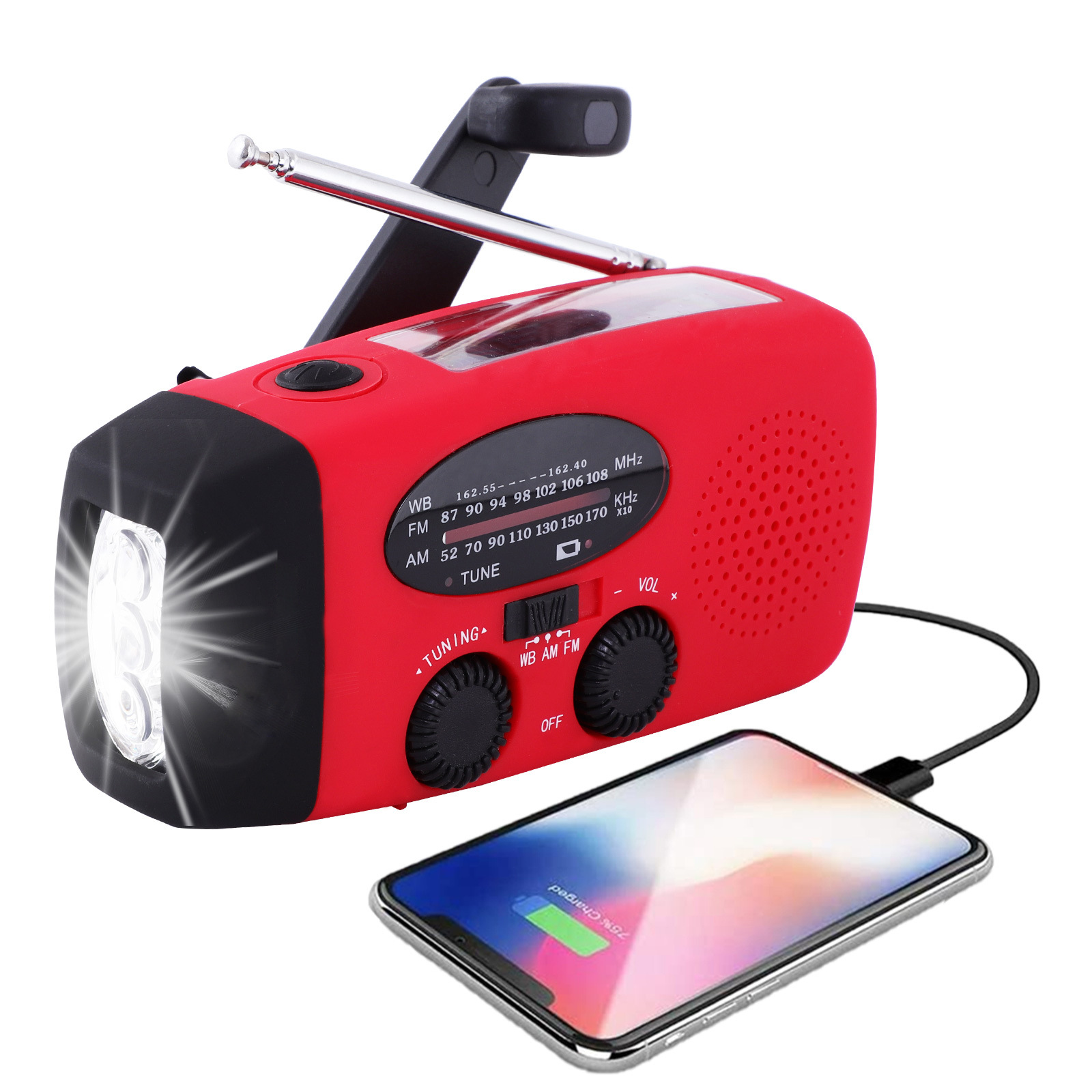 Ein rotes und schwarzes Handkurbelradio mit einem ladenden Telefon. Das Telefon zeigt 75 % geladen an.