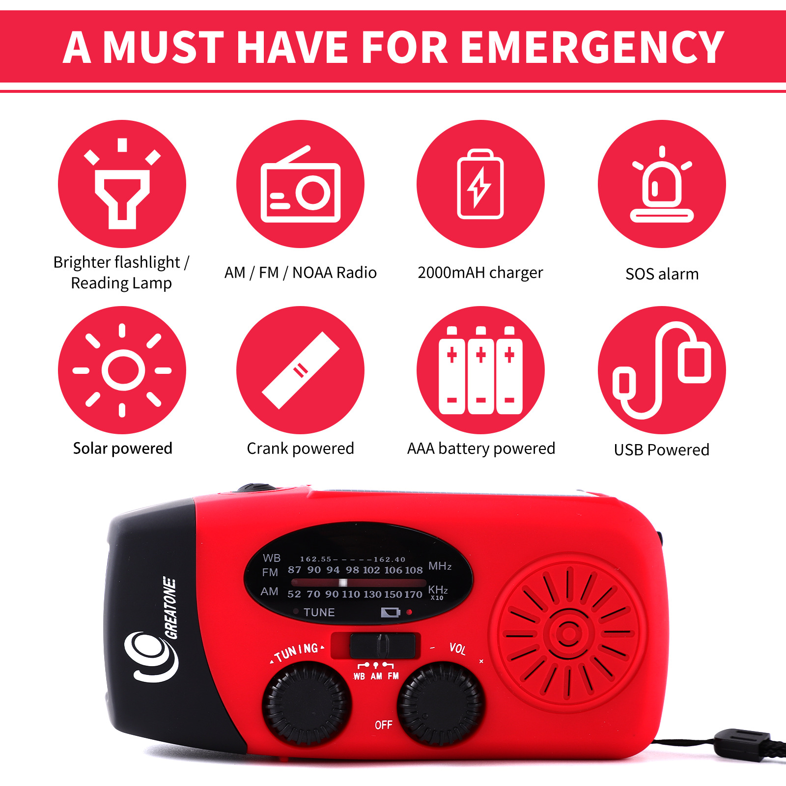 Ein rotes und schwarzes Notfallradio mit mehreren Funktionen. Zeigt Symbole für Taschenlampe, Radio, Ladegerät, SOS, Solar, Kurbel und Batterie an.