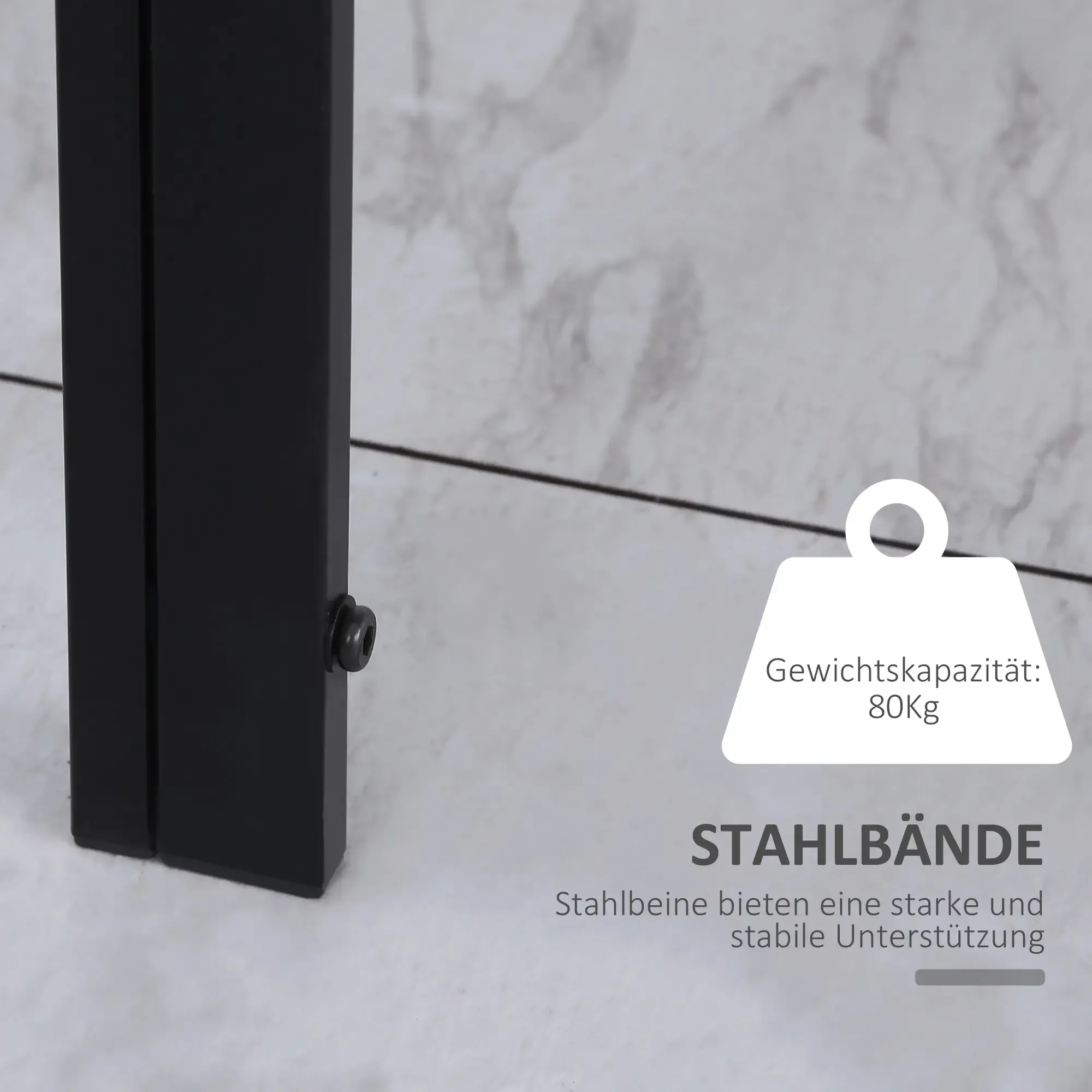 Schwarzes Metall-Tischbein mit Schraube, Tragfähigkeit 80 kg. Grauer, marmorähnlicher Hintergrund und Text in Deutsch.