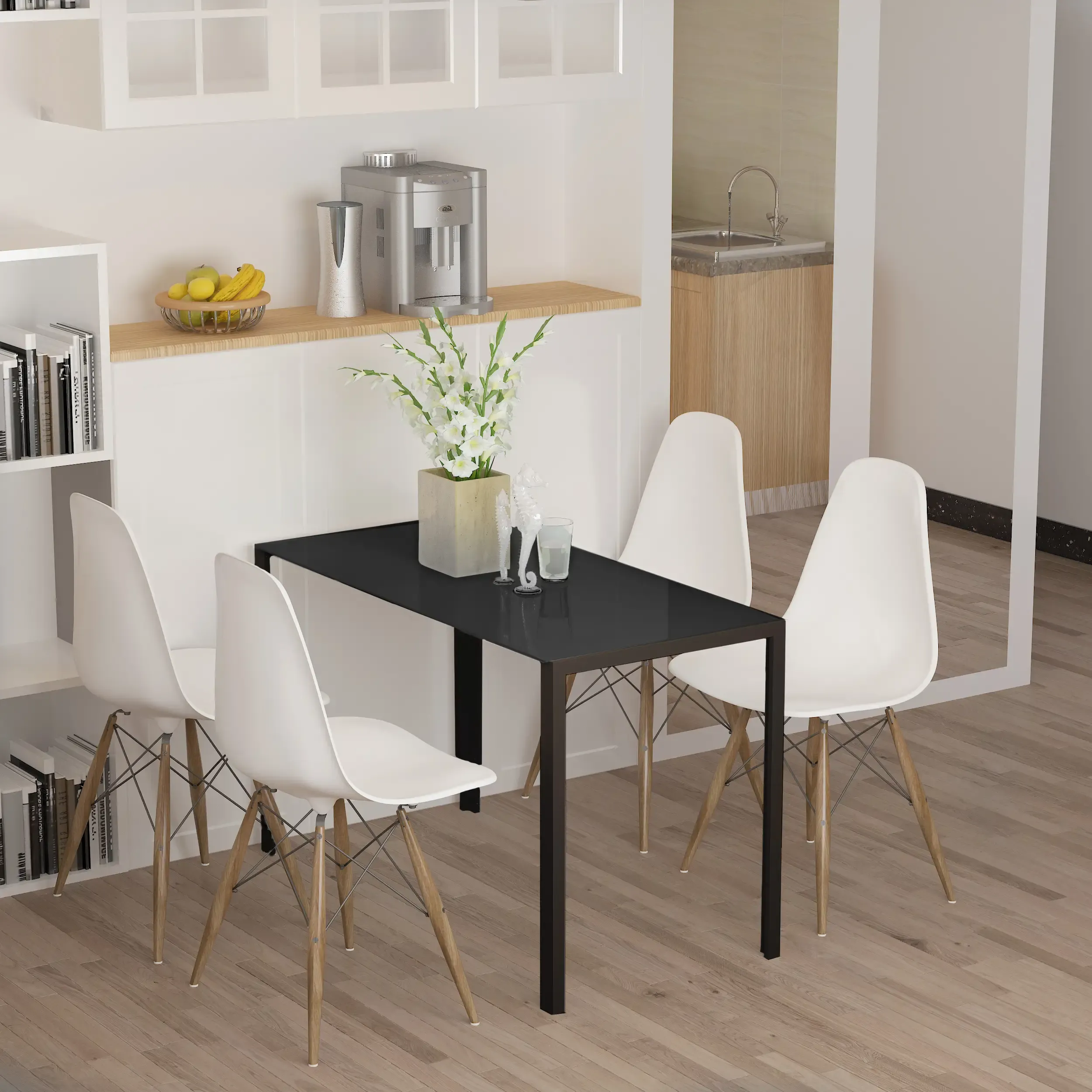 Ein Esszimmer mit schwarzem Tisch, weißen Stühlen, einer Blumenvase und einer Obstschale.