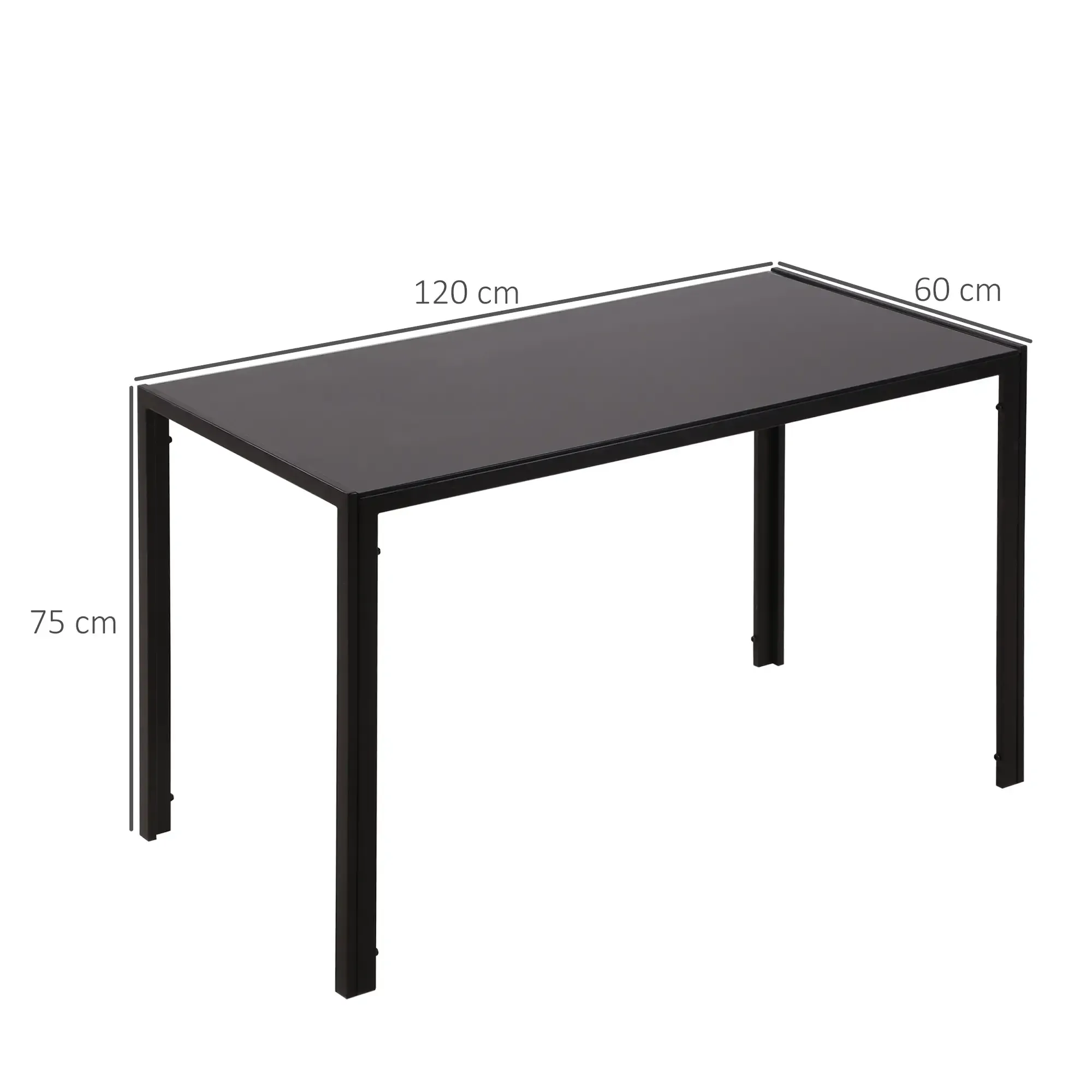 Schwarzer rechteckiger Tisch. Abmessungen: 120 cm x 60 cm, 75 cm hoch. Schwarze Metallbeine. Weißer Hintergrund.