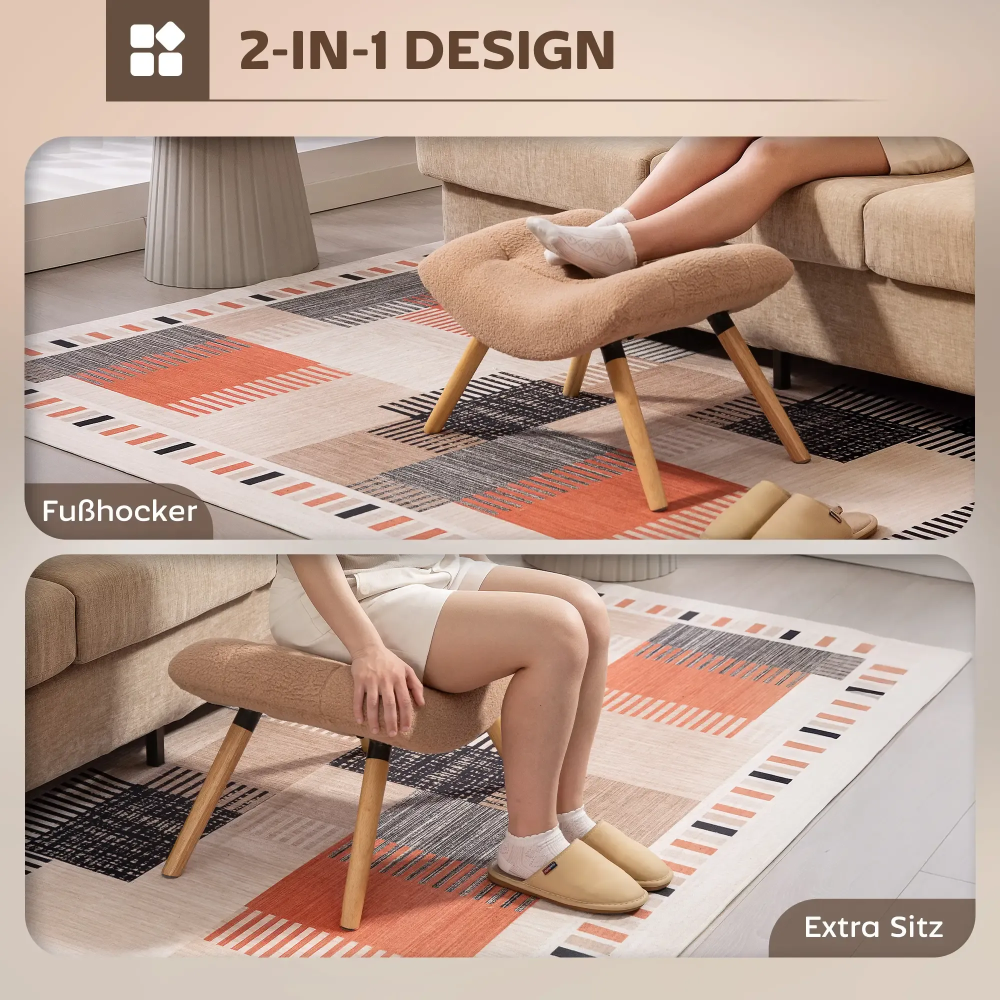 Zwei Personen sitzen auf einem beigefarbenen Hocker und Sofa, der Hocker hat Holzbeine. Der Teppich hat ein geometrisches Muster in Orange, Weiß und Schwarz.