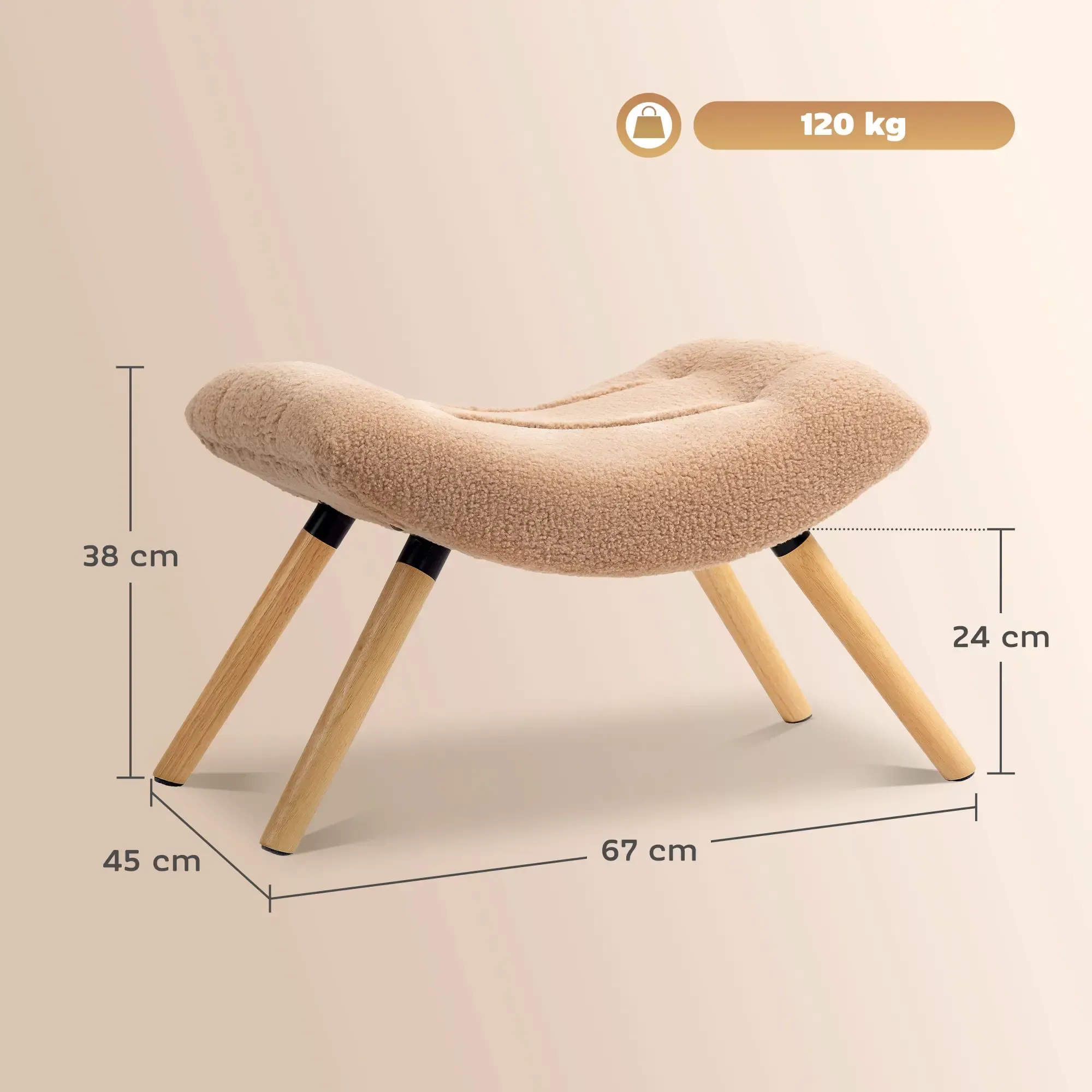Beiger Fußhocker mit Holzbeinen. Abmessungen sind beschriftet: 38 cm Höhe, 45 cm Breite, 67 cm Länge. Kapazität 120 kg.