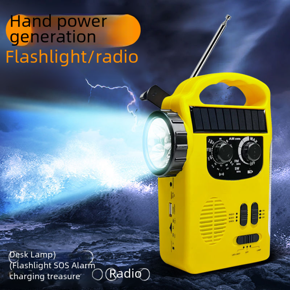 Ein gelbes Taschenlampe/Radio mit Solarpanel, Antenne und Bedienelementen. Es hat ein helles Licht und die Worte 'Taschenlampe/Radio'.