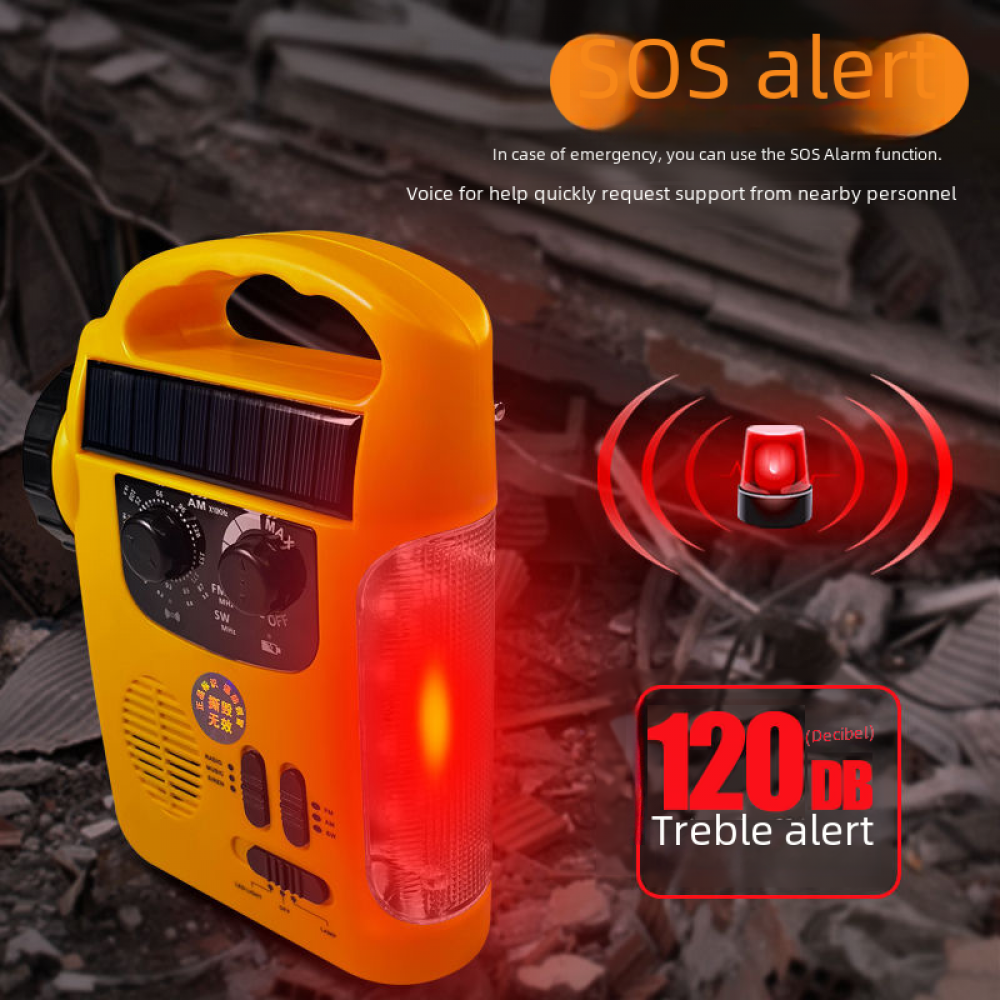 Gelbes Notfallradio mit Solarpanel, rotem Licht und SOS-Alarmtext. Zeigt ein rotes Sirenen-Symbol und einen Höhenalarmtext.