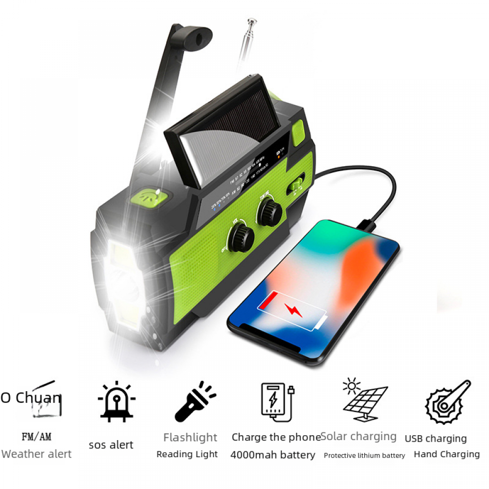 Ein schwarz-grünes Notfallradio mit Solarpanel, Taschenlampe und USB-Ladefunktion für ein Telefon. Symbole zeigen Funktionen.