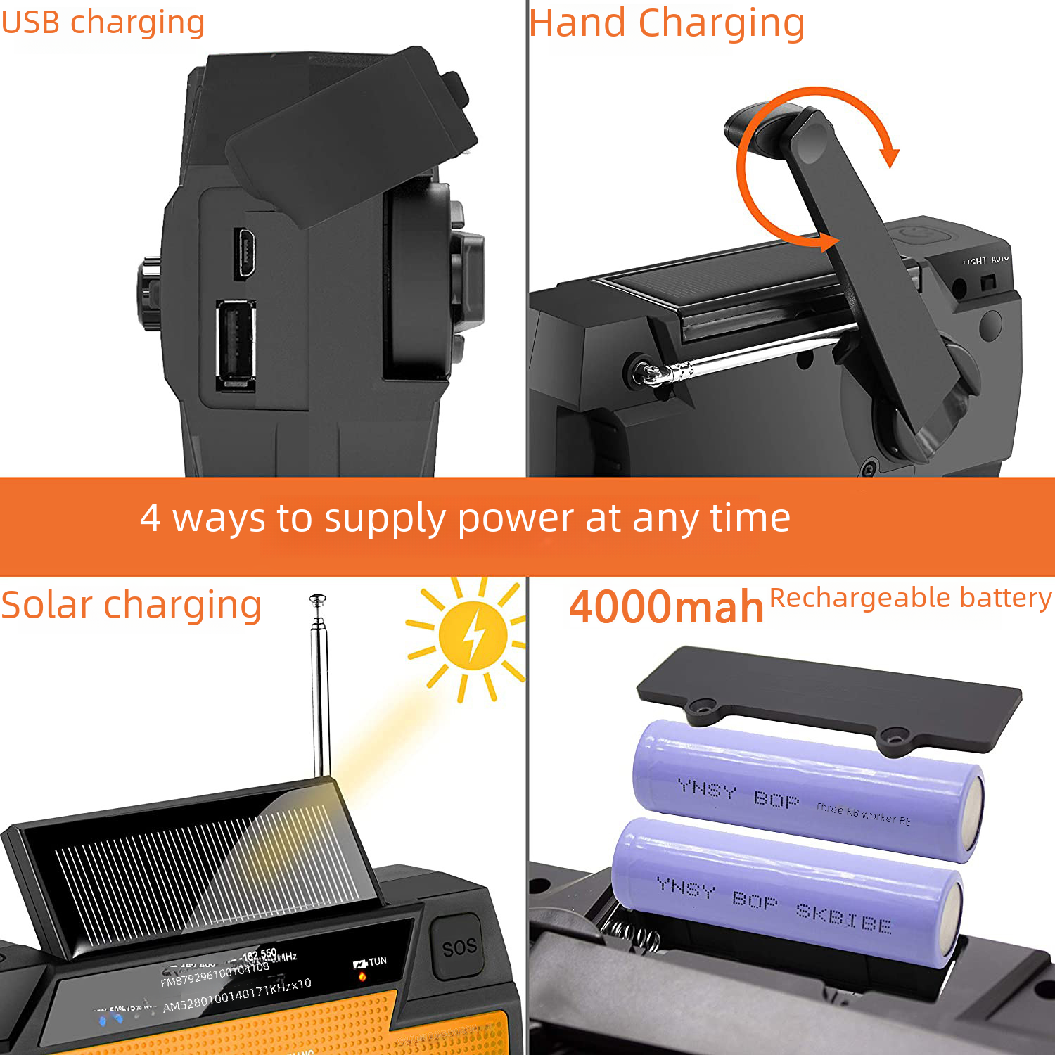 Das Bild zeigt eine Powerstation mit mehreren Lademöglichkeiten: USB, Handkurbel, Solar und ein 4000-mAh-Akku.