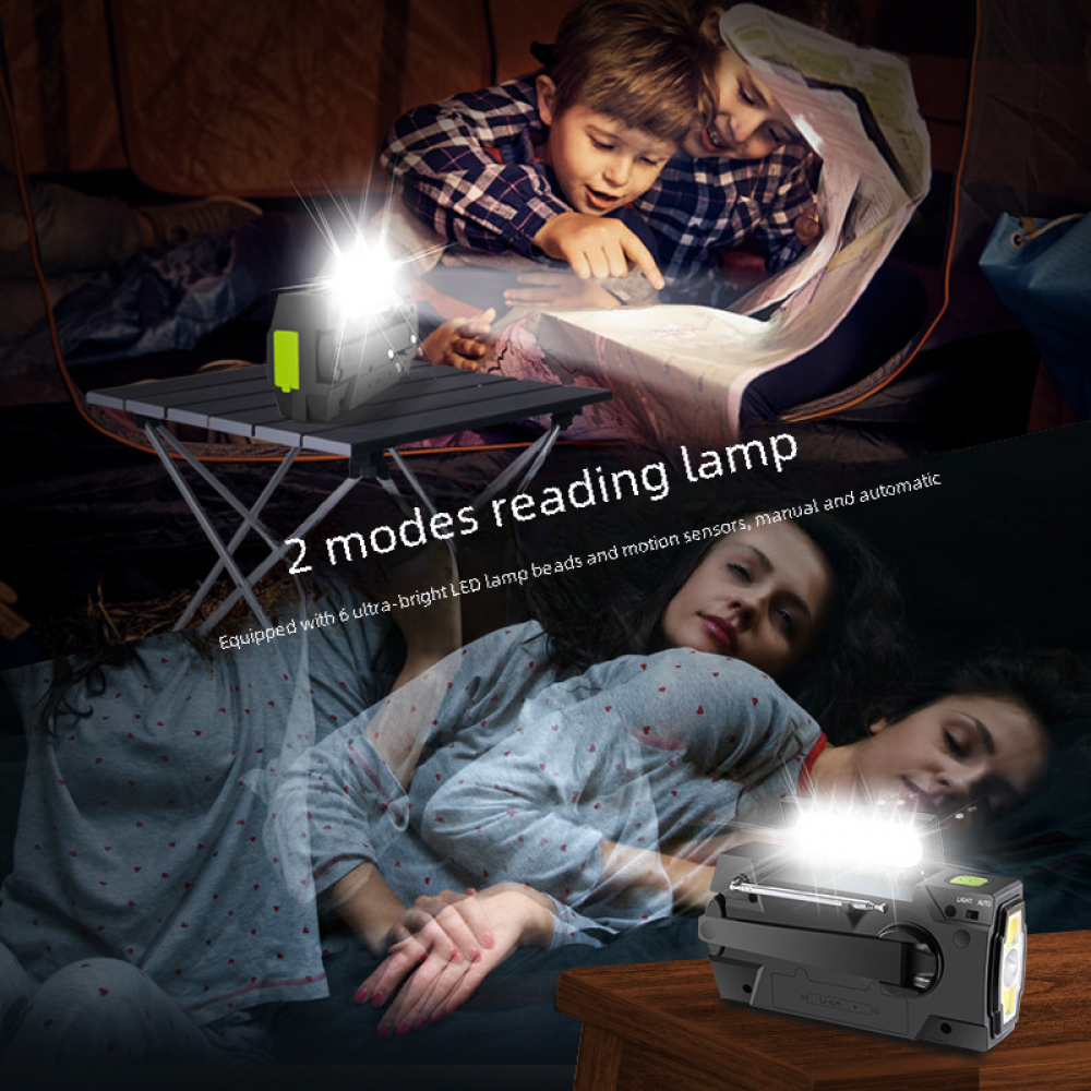 Das Bild zeigt eine Leselampe in Gebrauch. Kinder lesen eine Karte in einem Zelt, und Frauen schlafen. Die Lampe steht auf einem Tisch und am Bett.