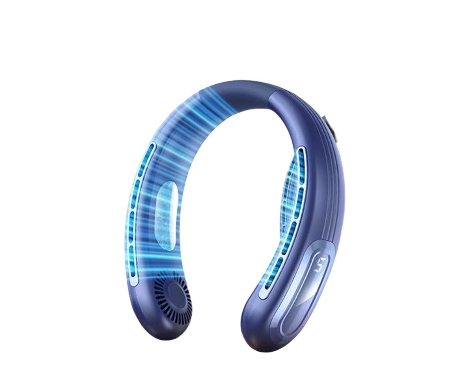 Ein blauer Nackenventilator mit blauen Linien. Er hat ein digitales Display und Luftschlitze. Weißer Hintergrund.