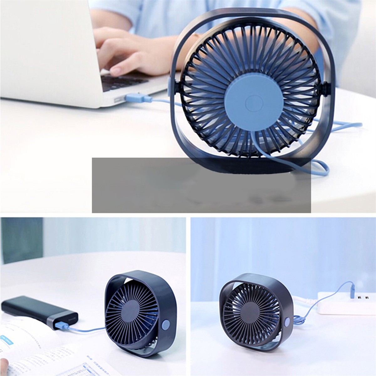 Ein blauer Ventilator ist über ein USB-Kabel mit einem Laptop verbunden. Eine Person tippt auf dem Laptop. Andere Bilder zeigen den Ventilator an einer Powerbank.