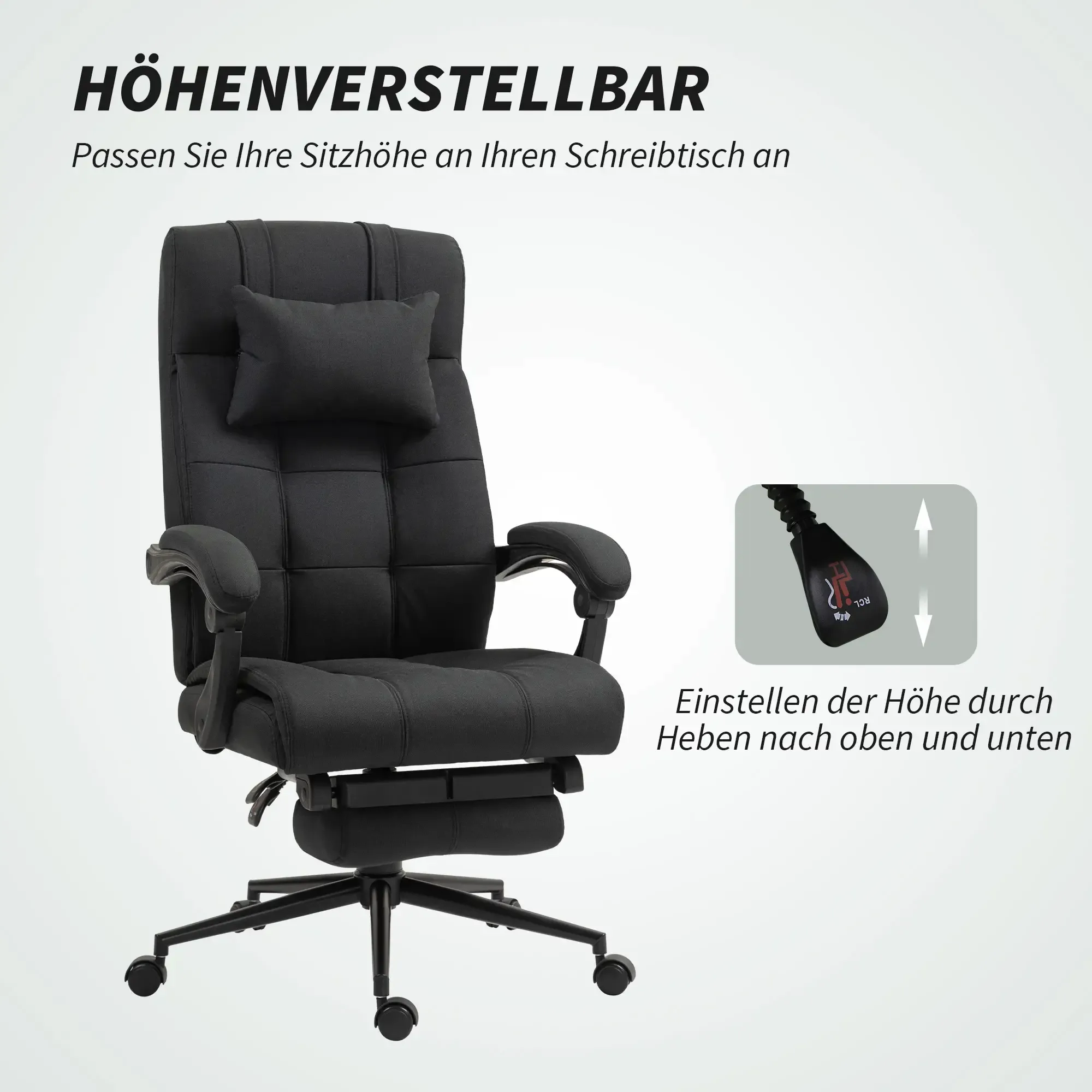 Schwarzer Bürostuhl mit Kopf- und Fußstütze. Text hebt die Höhenverstellung hervor.
