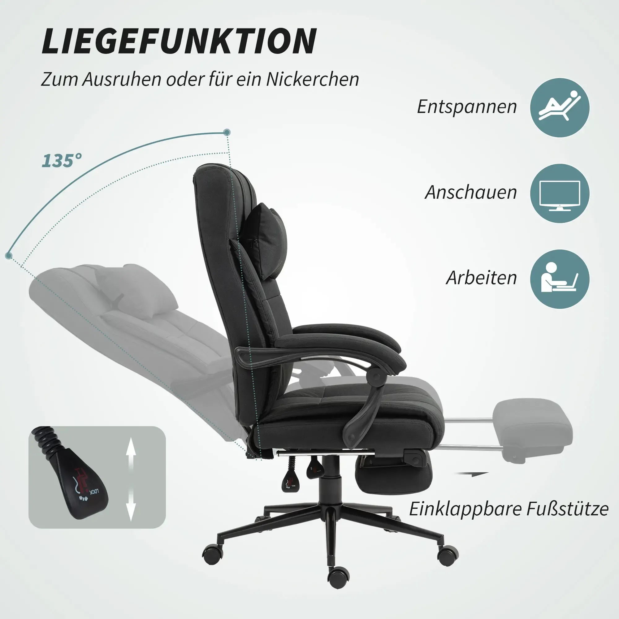Schwarzer ergonomischer Bürostuhl mit Fußstütze, verstellbarer Rückenlehne und Kopfstütze, ideal zum Entspannen oder Arbeiten.