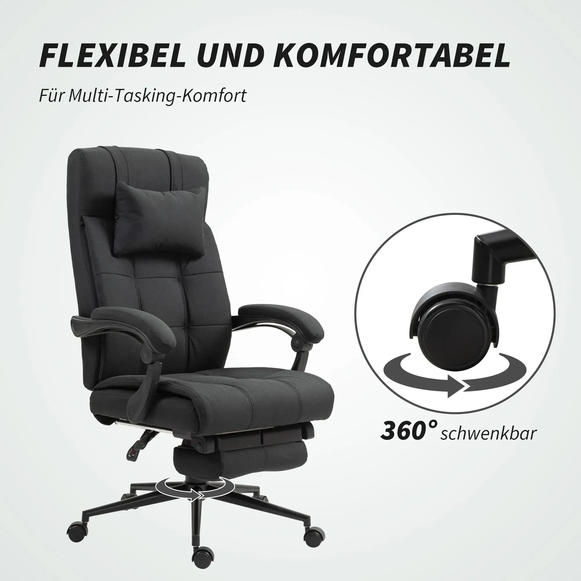 Ein schwarzer Bürostuhl mit Kopfstütze, Armlehnen und Fußstütze. Er hat Räder und ist als 360° schwenkbar gekennzeichnet.