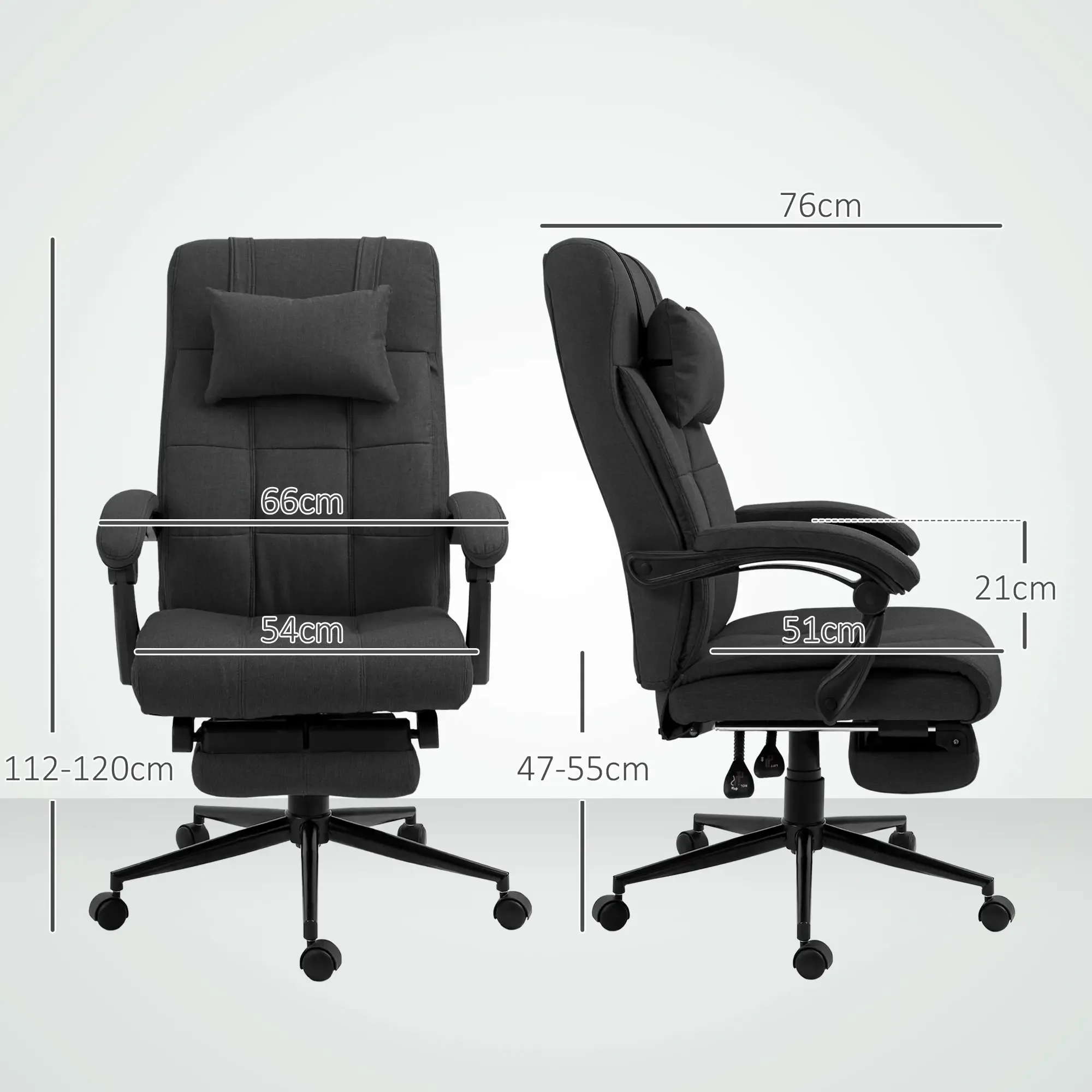 Ein schwarzer ergonomischer Bürostuhl wird von vorne und von der Seite gezeigt. Abmessungen sind beschriftet. Der Stuhl hat eine Kopfstütze, Lendenwirbelstütze und Armlehnen.