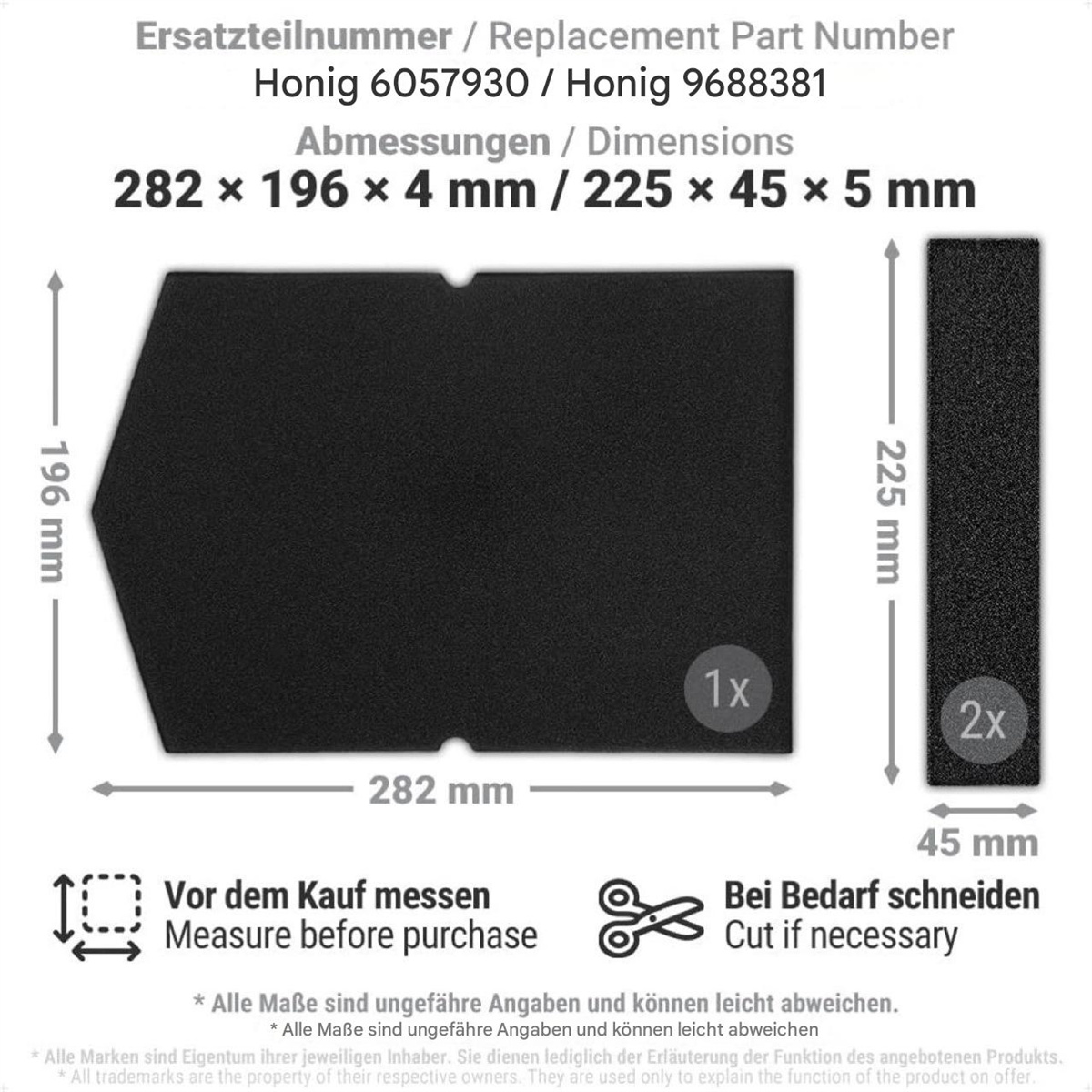 Diagramm zeigt schwarze Teile mit Maßen. Text auf Deutsch und Englisch. Anweisungen: vor dem Kauf messen, bei Bedarf schneiden.