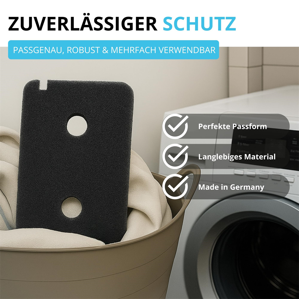 Ein schwarzer Filter mit Löchern liegt in einem Wäschekorb. Im Hintergrund eine Waschmaschine, mit deutschem Text.