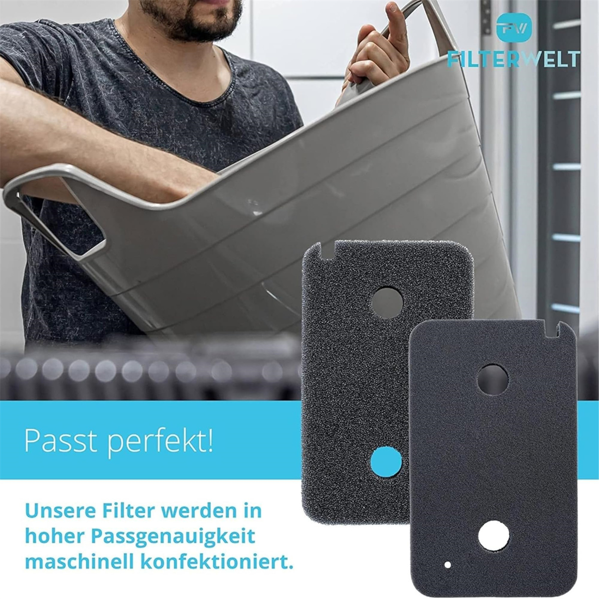 Ein Mann hält einen grauen Behälter. Zwei schwarze Filter sind im Vordergrund. Text sagt 'Passt perfekt!' auf Deutsch und Produktinformationen.