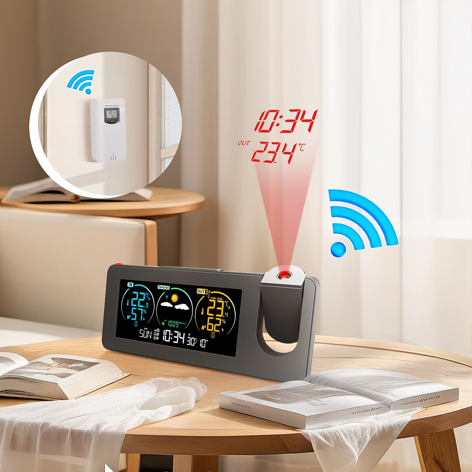 Eine digitale Wetterstation zeigt Innen-/Außentemperatur, Uhrzeit und Prognose auf einem Tisch mit Büchern und einem WLAN-Symbol an.