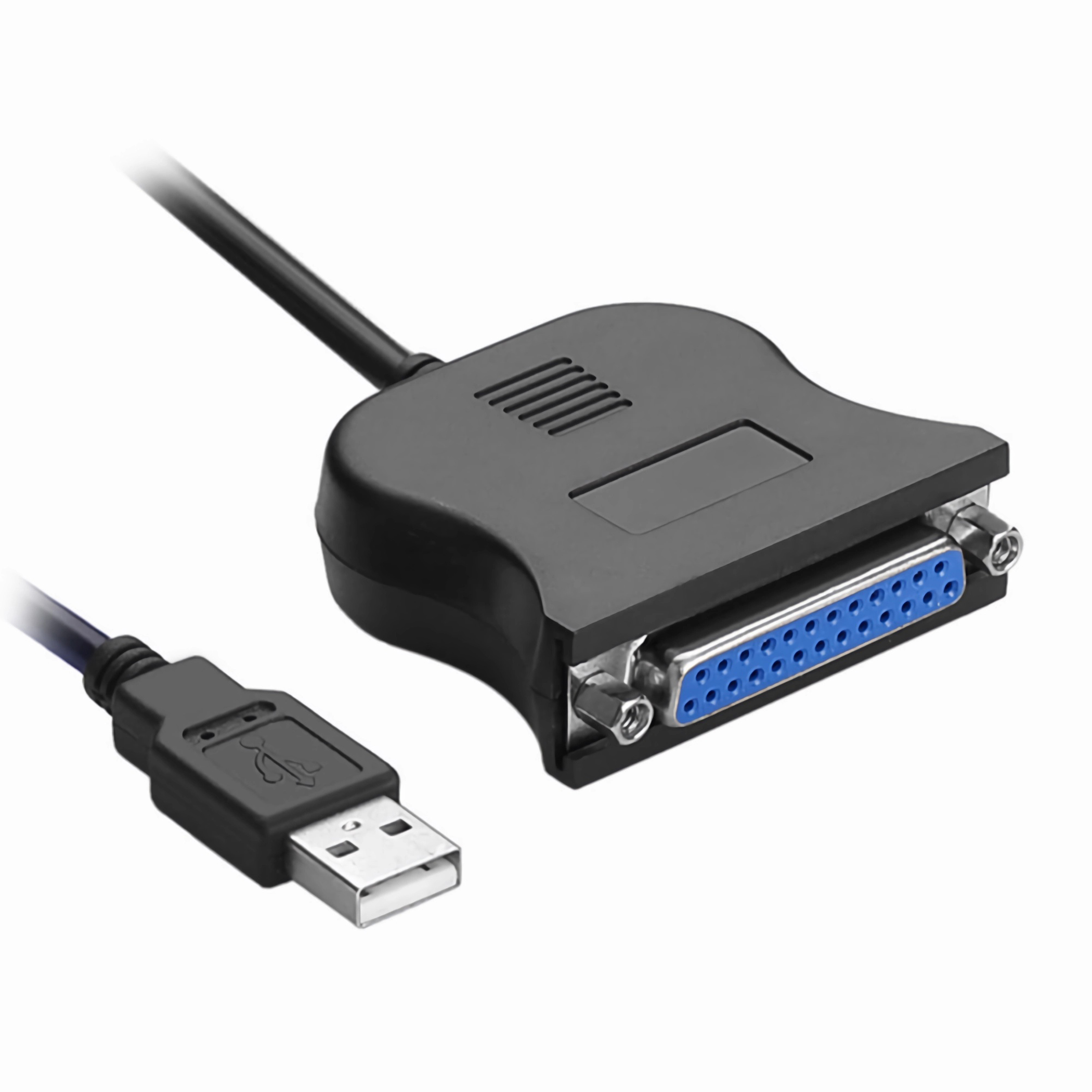 Ein schwarzes USB-zu-Parallel-Druckerkabel. Es hat einen USB-Anschluss, einen großen schwarzen Adapter und einen Parallelport-Anschluss.