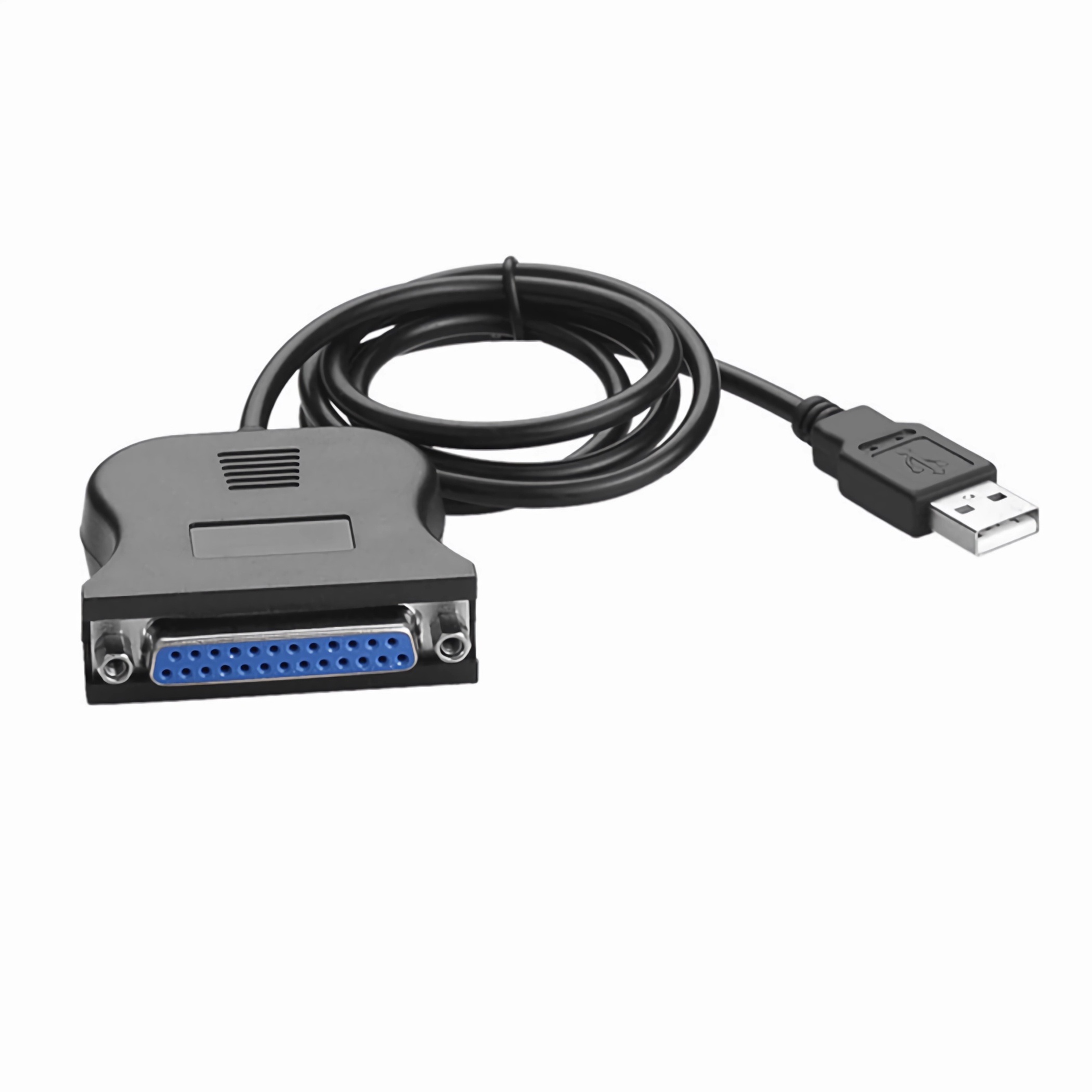 Ein schwarzes USB-zu-Parallelport-Adapterkabel. Das Kabel verbindet sich mit einem schwarzen Adapter mit blauen Pins und einem USB-Anschluss.