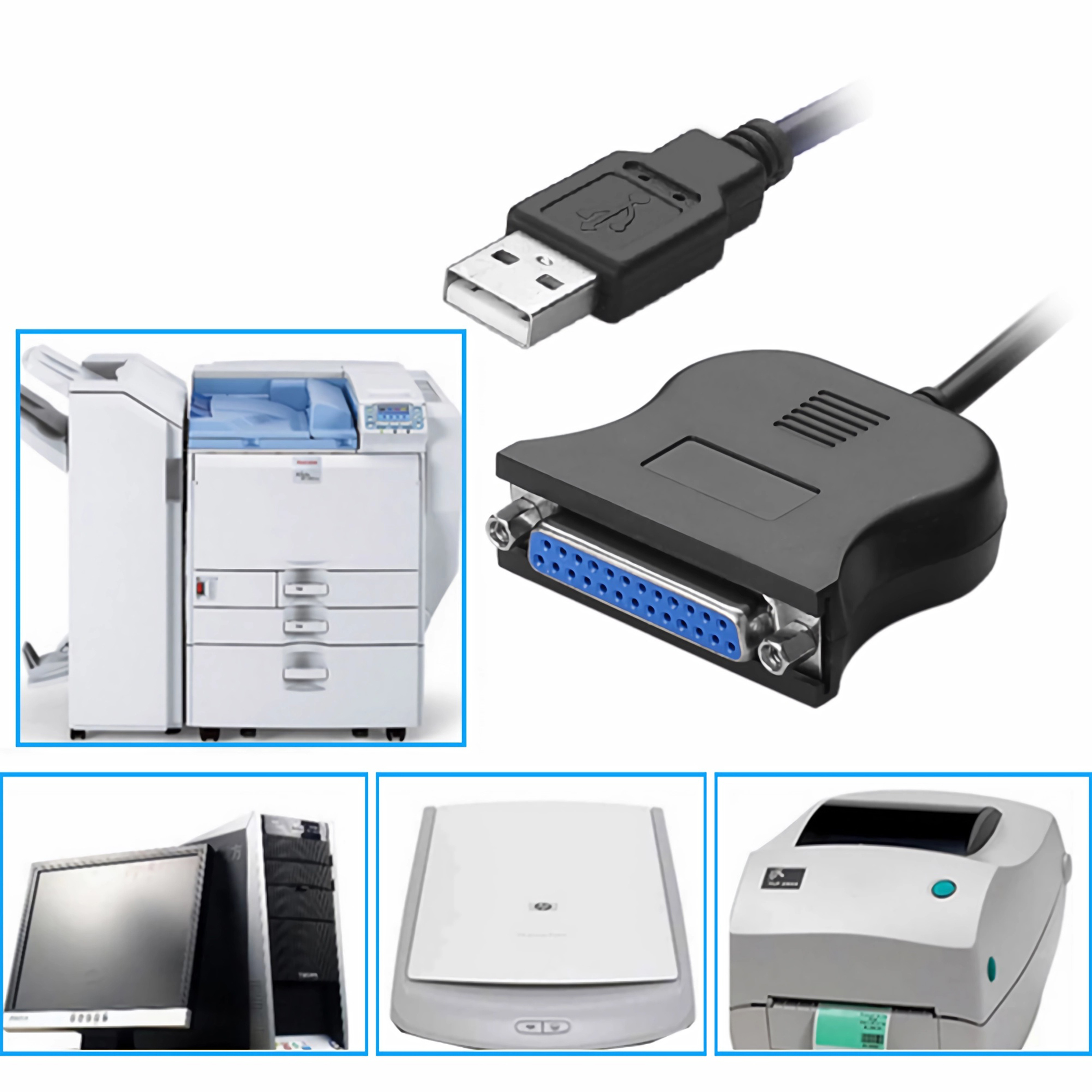 Das Bild zeigt einen Drucker, einen Computer, einen Scanner, einen Etikettendrucker, ein USB-Kabel und ein Parallelportkabel.
