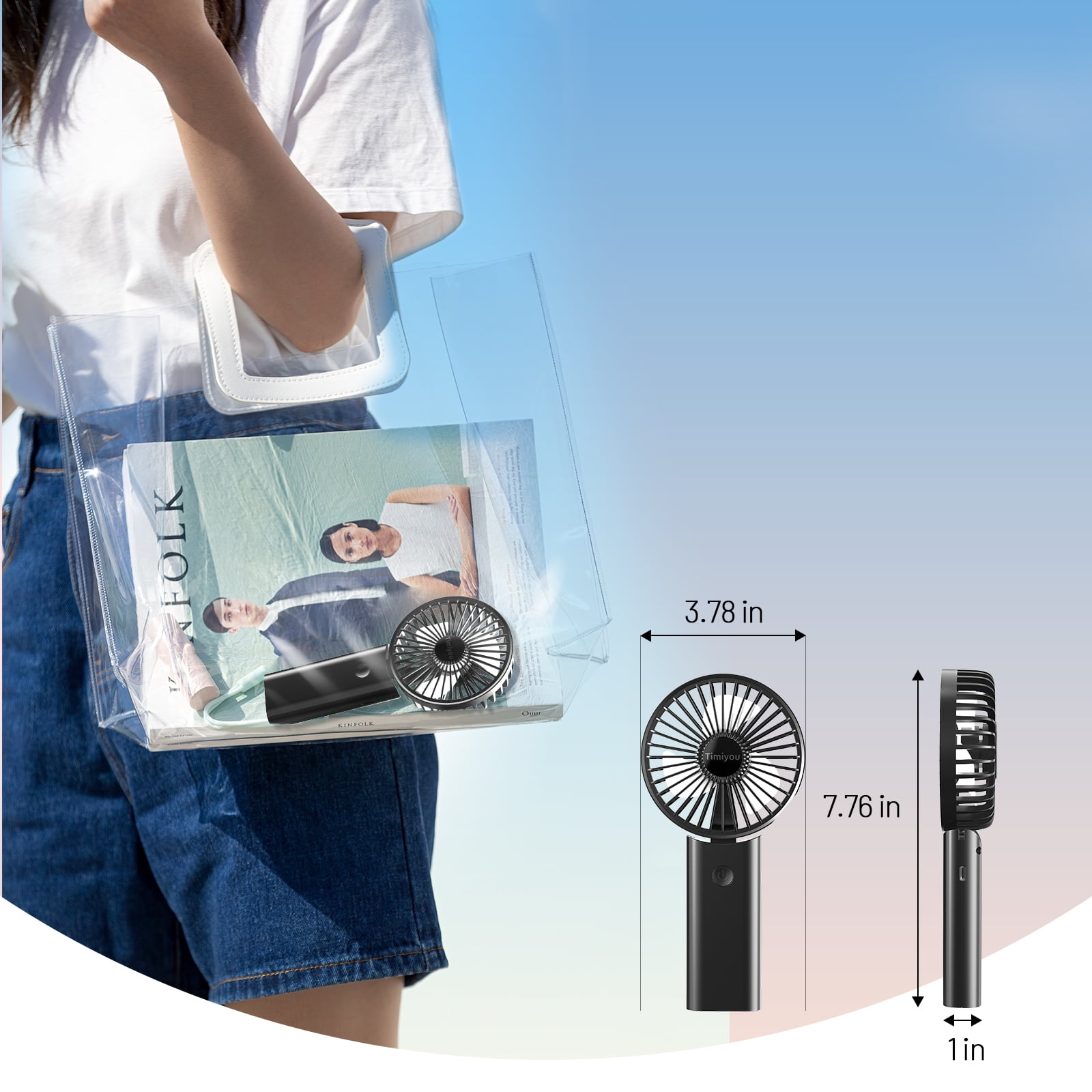 Eine Person hält eine transparente Tragetasche mit einem Magazin und einem tragbaren schwarzen Ventilator. Blauer Himmel im Hintergrund.