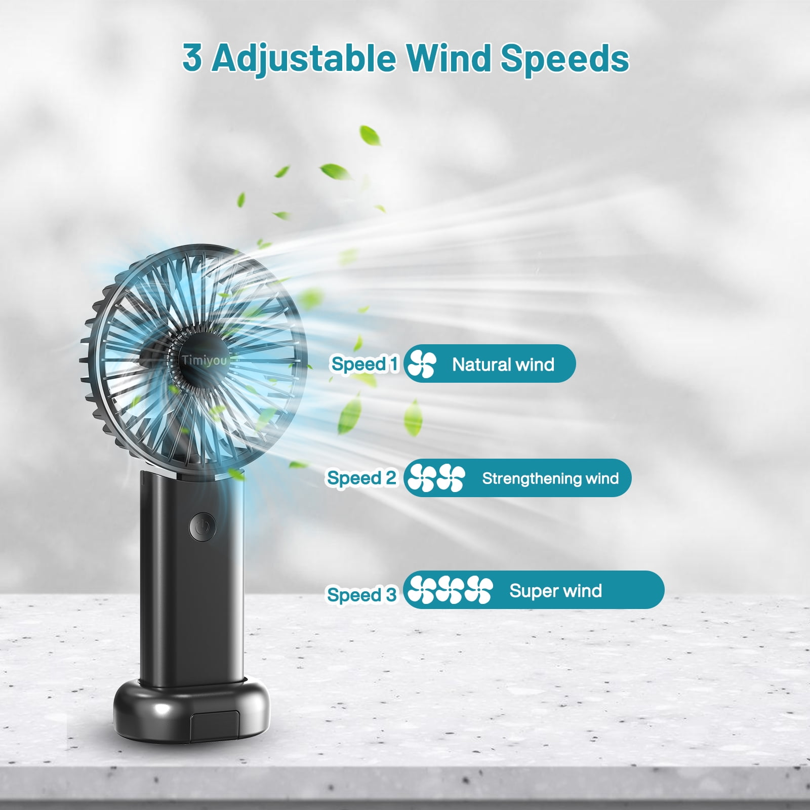 Ein schwarzer Ventilator mit 3 Geschwindigkeiten: natürlich, verstärkend und super Wind. Grüne Blätter schweben. Der Hintergrund ist hell.