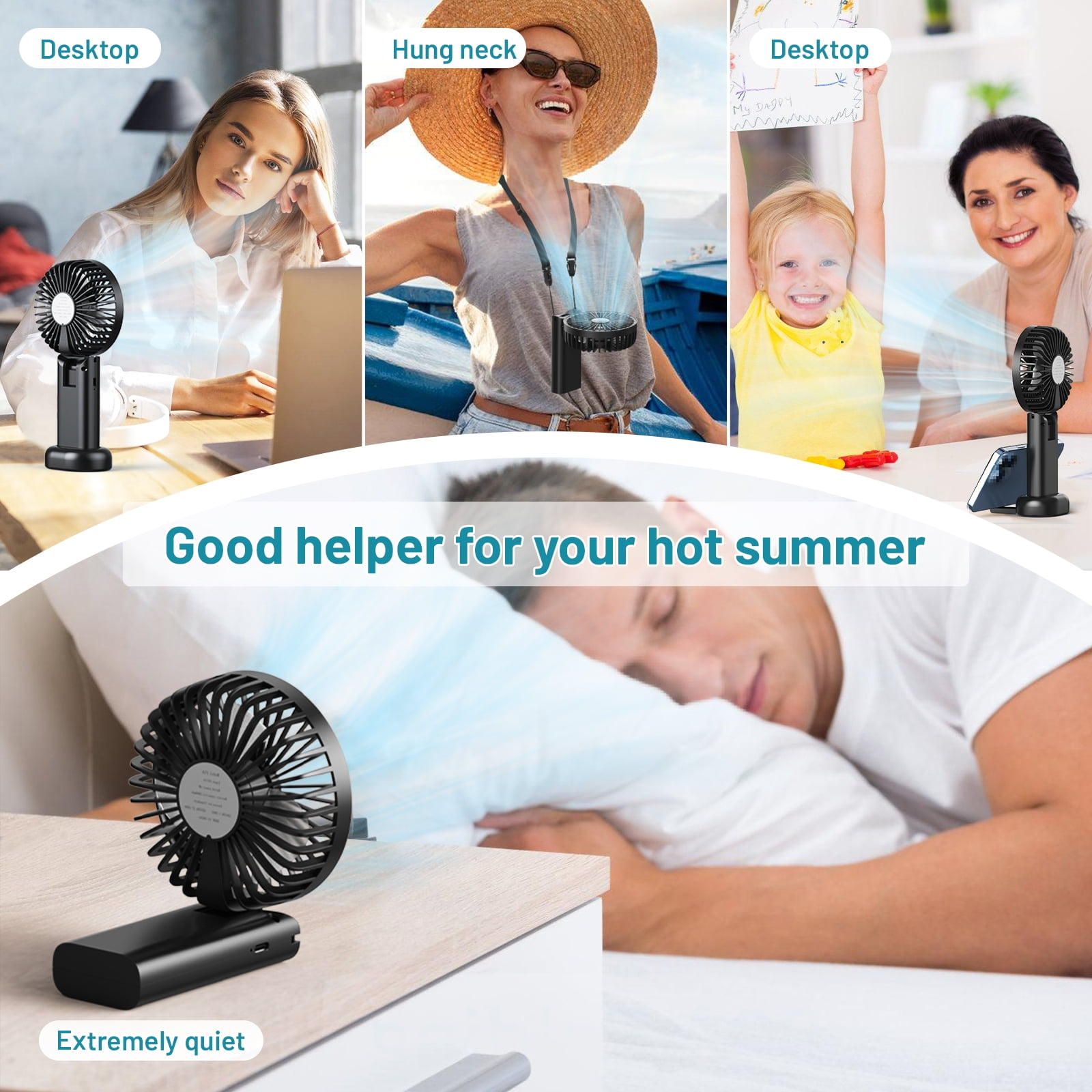 Das Bild zeigt drei Szenen mit Ventilatoren. Eine Frau am Schreibtisch, eine Frau mit Nackenventilator und eine Frau und ein Kind mit einem Ventilator.
