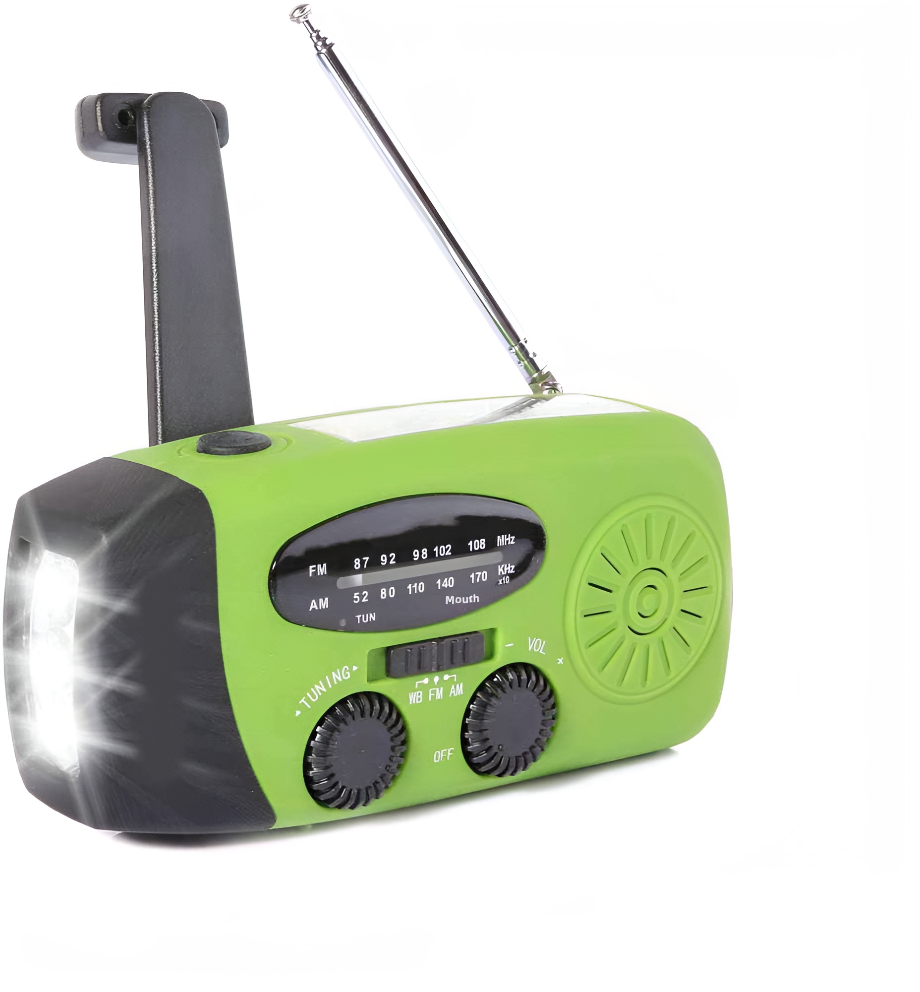 Grünes Notfallradio mit Taschenlampe, Handkurbel und Antenne, vor weißem Hintergrund, mit Abstimmungs- und Lautstärkereglern.