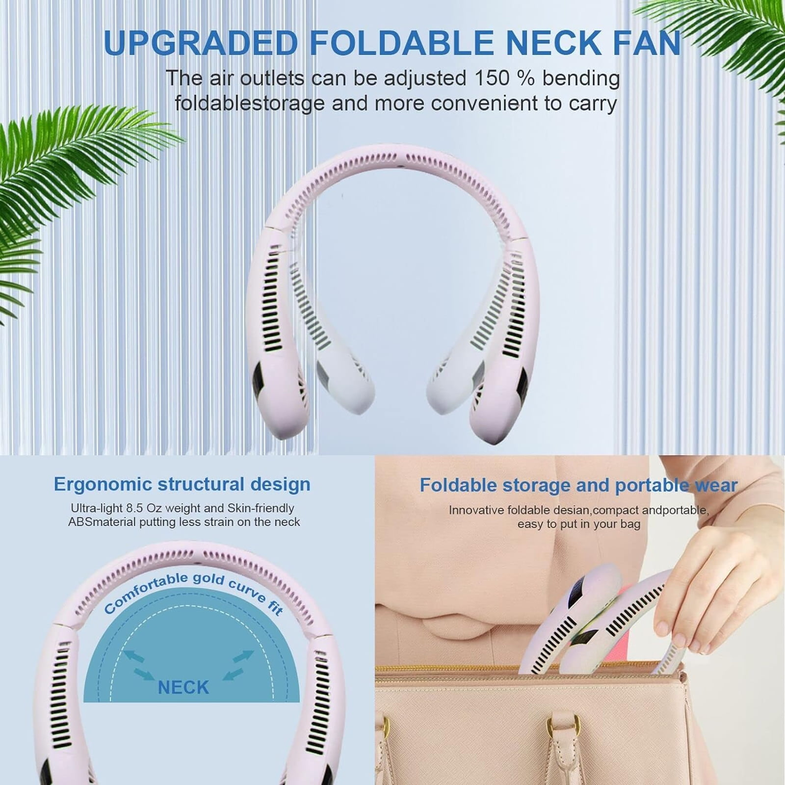 Ein pinkfarbener Nackenfächer wird mit Text über seine Eigenschaften gezeigt. Eine Hand legt ihn in eine Handtasche.