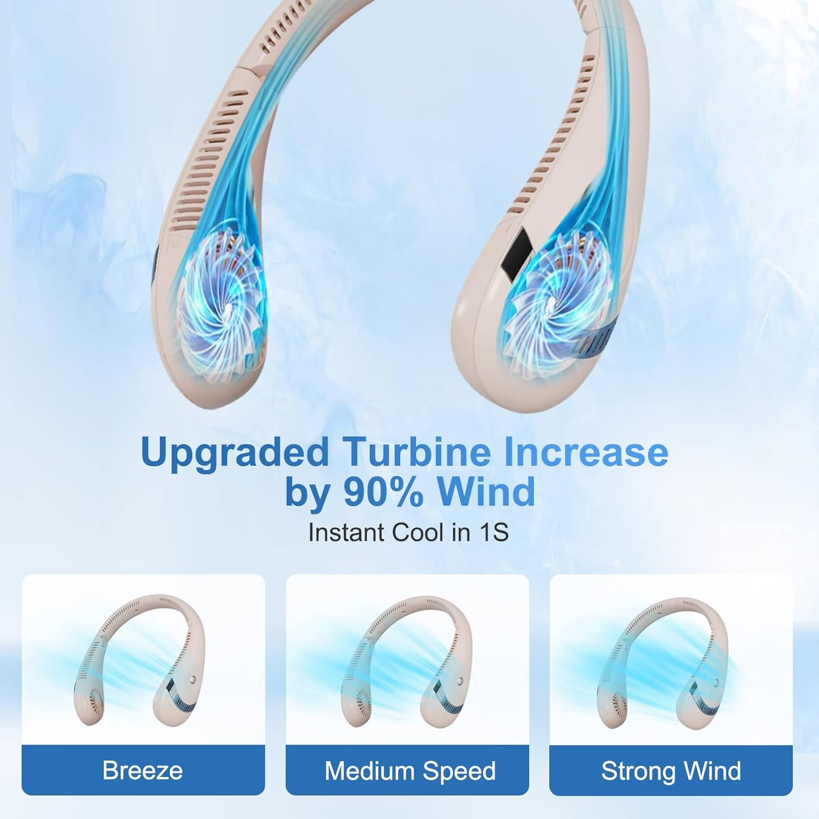 Illustration eines Nackenventilators. Weißer Ventilator mit blauem Luftstrom. Drei Geschwindigkeitseinstellungen werden angezeigt: Brise, Mittel und Starker Wind.