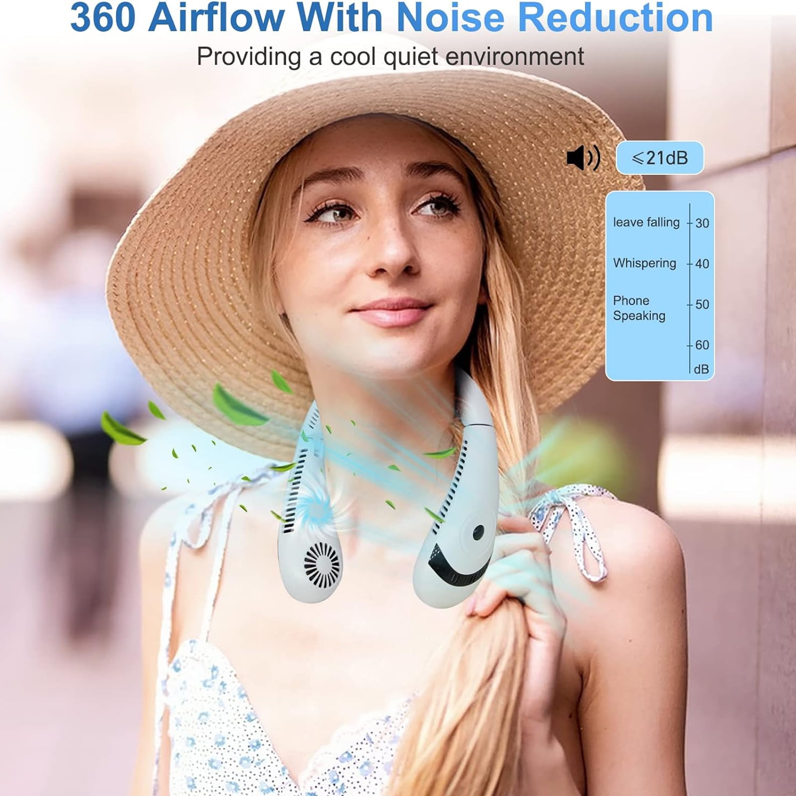 Frau mit Nackenfächer. Sie trägt einen Hut. Der Text lautet 360 Airflow, Noise Reduction und <lt/>21dB Geräuschpegel.