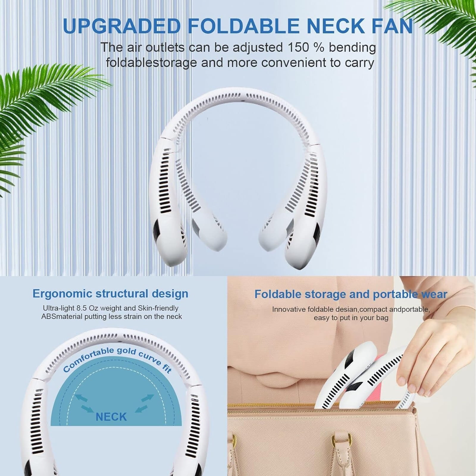 Ein weißer, faltbarer Nackenfächer wird gezeigt. Der Text hebt ergonomisches Design, faltbare Aufbewahrung und tragbares Tragen hervor.