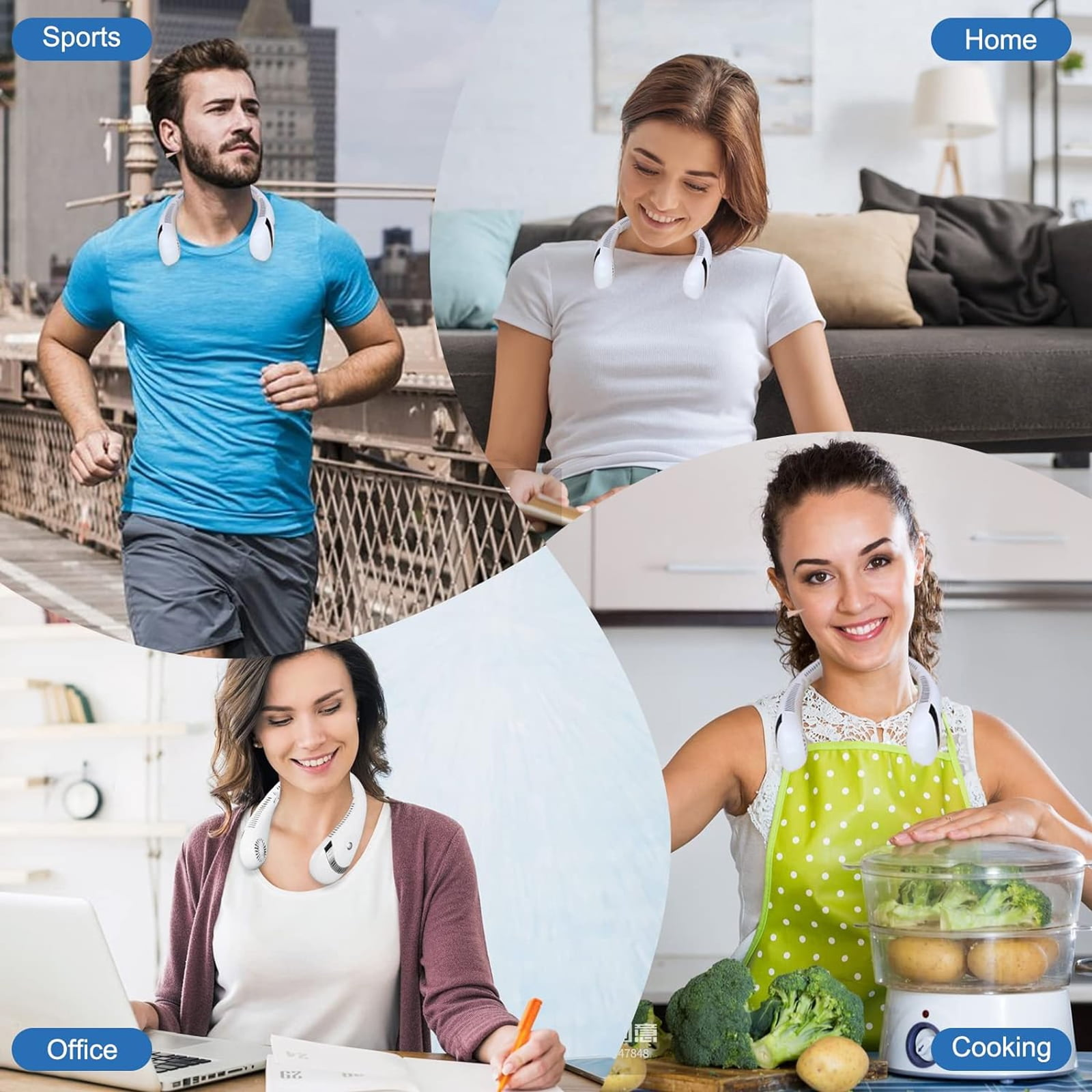 Zusammengesetztes Bild von Personen, die einen Nackenfächer benutzen: Laufen, sich zu Hause entspannen, im Büro arbeiten und in der Küche kochen.