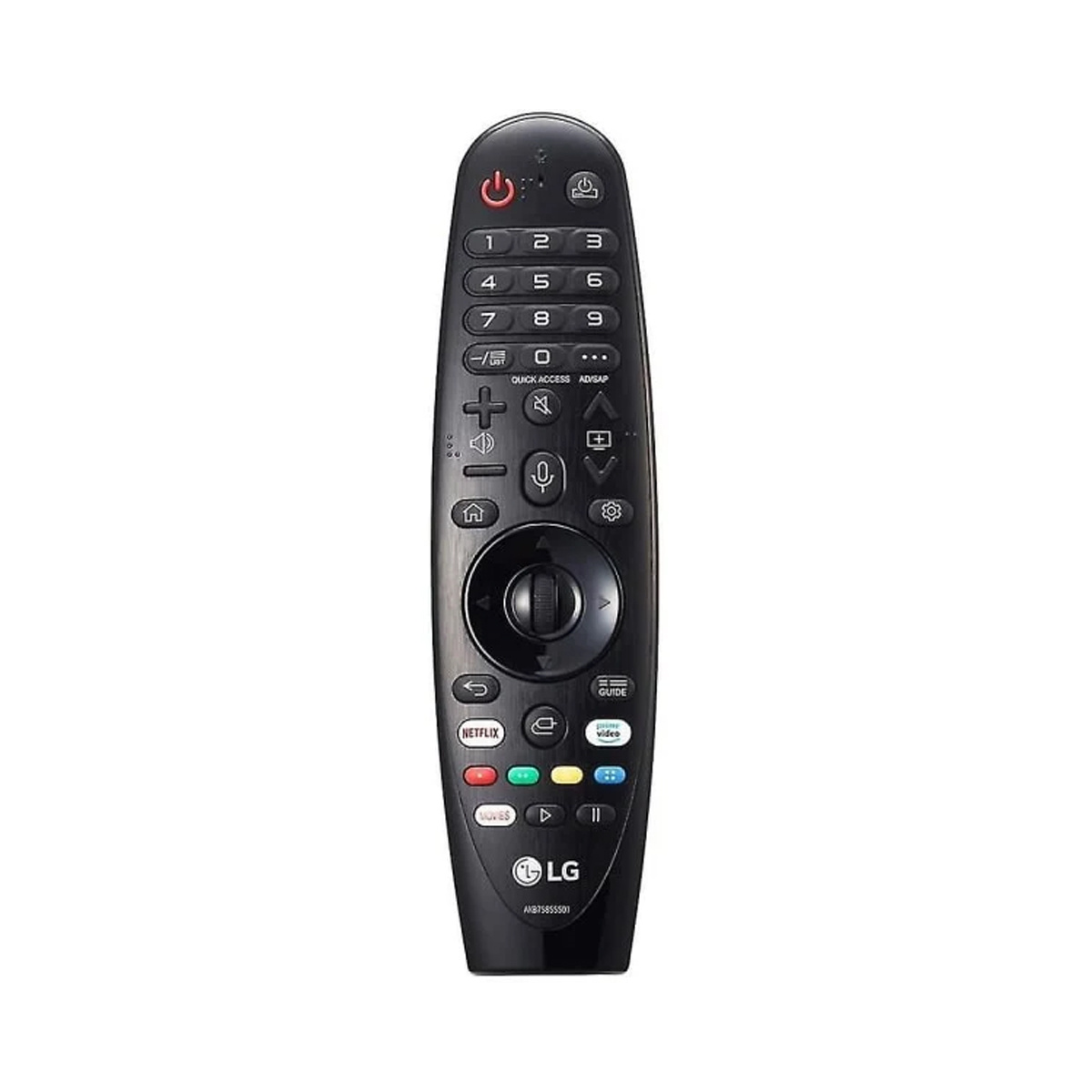 Schwarze LG-Fernbedienung. Tasten umfassen Ein/Aus, Zahlen, Lautstärke, Netflix und Guide. LG-Logo unten.