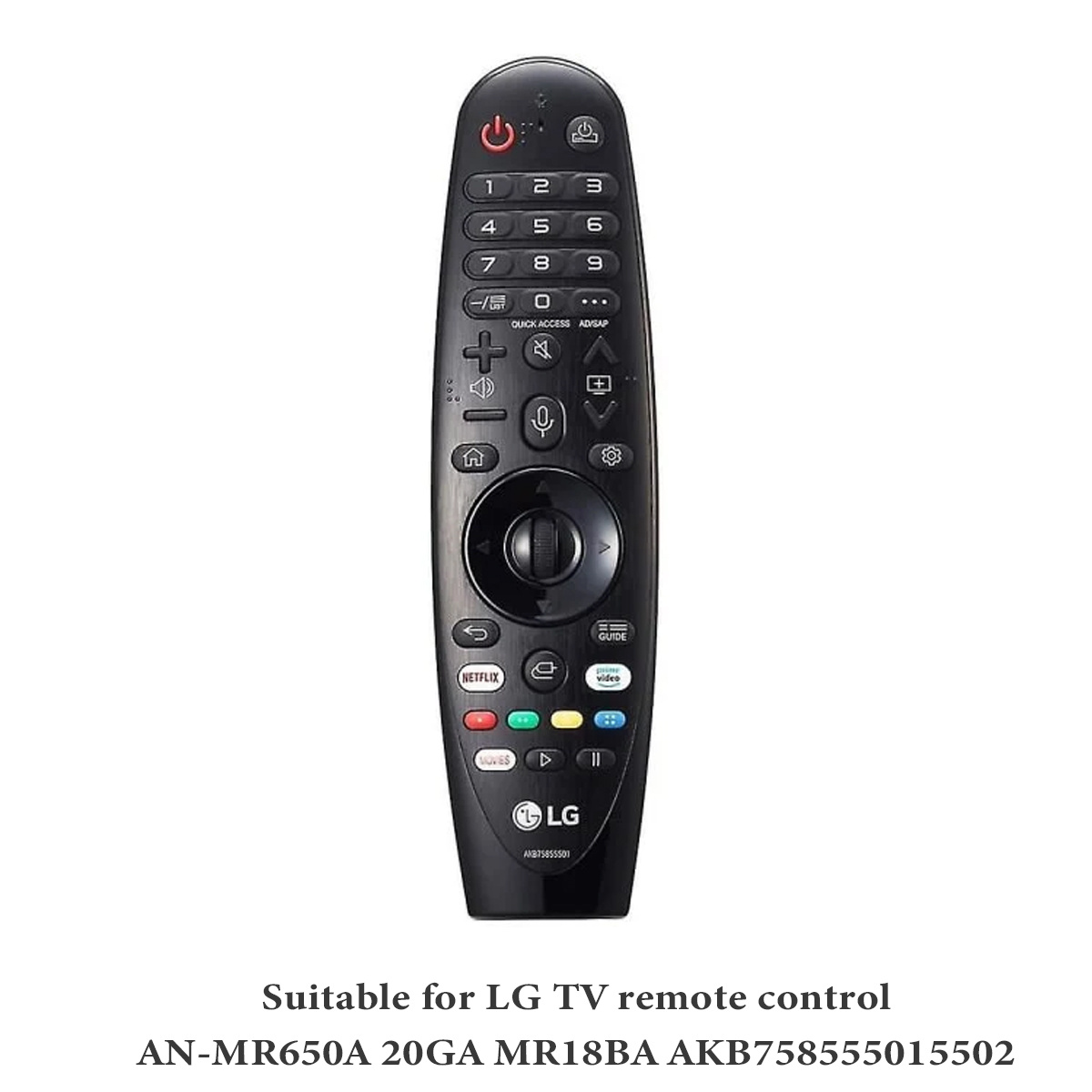 Schwarze LG TV-Fernbedienung mit zahlreichen Tasten, darunter Zahlen, Lautstärke und Netflix. Unten steht 'Geeignet für LG TV-Fernbedienung'.