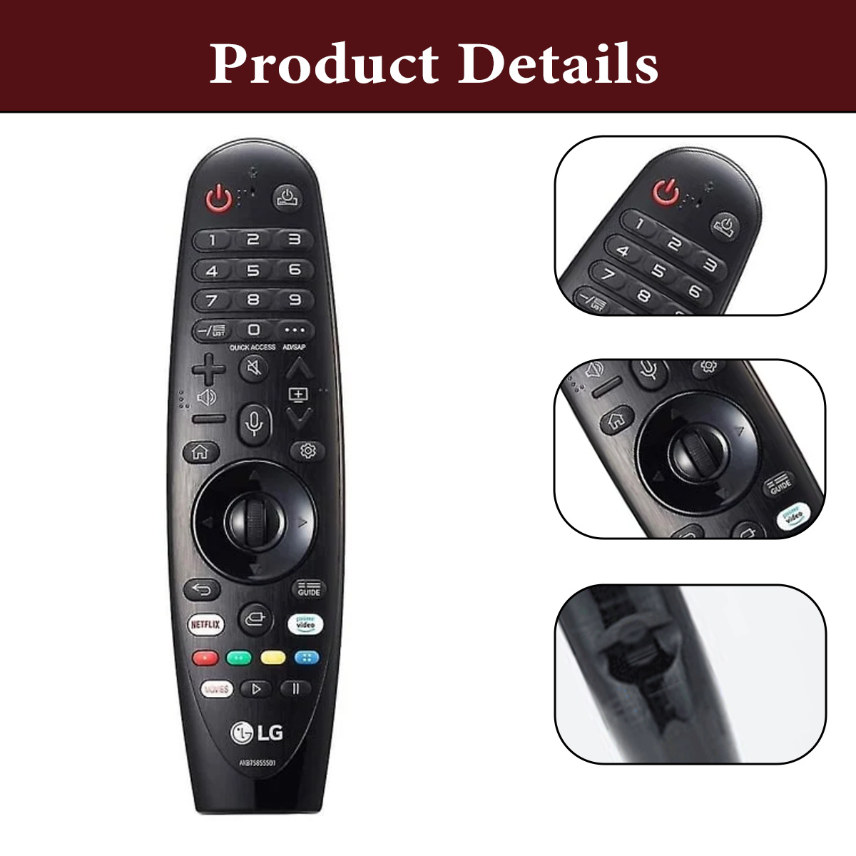 Eine schwarze LG TV-Fernbedienung mit Tasten, einschließlich Nummern, Lautstärke und Streaming-Diensten. Produktdetails werden angezeigt.