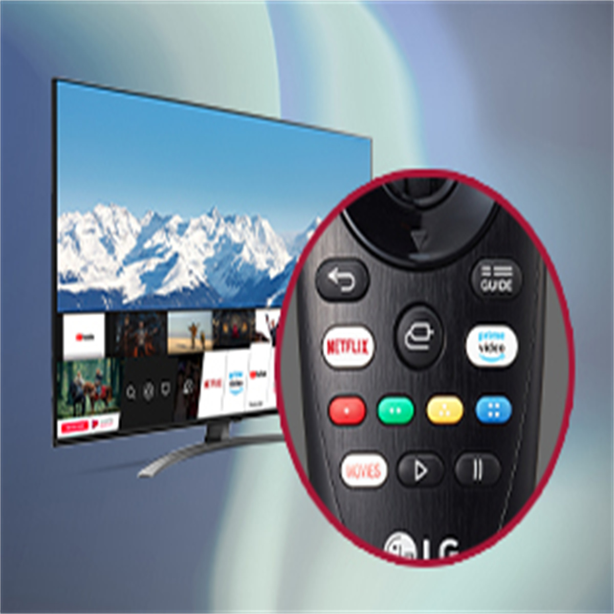 Ein Fernseher zeigt eine Berglandschaft. Eine Fernbedienung ist im Fokus, mit Netflix- und Prime Video-Tasten.