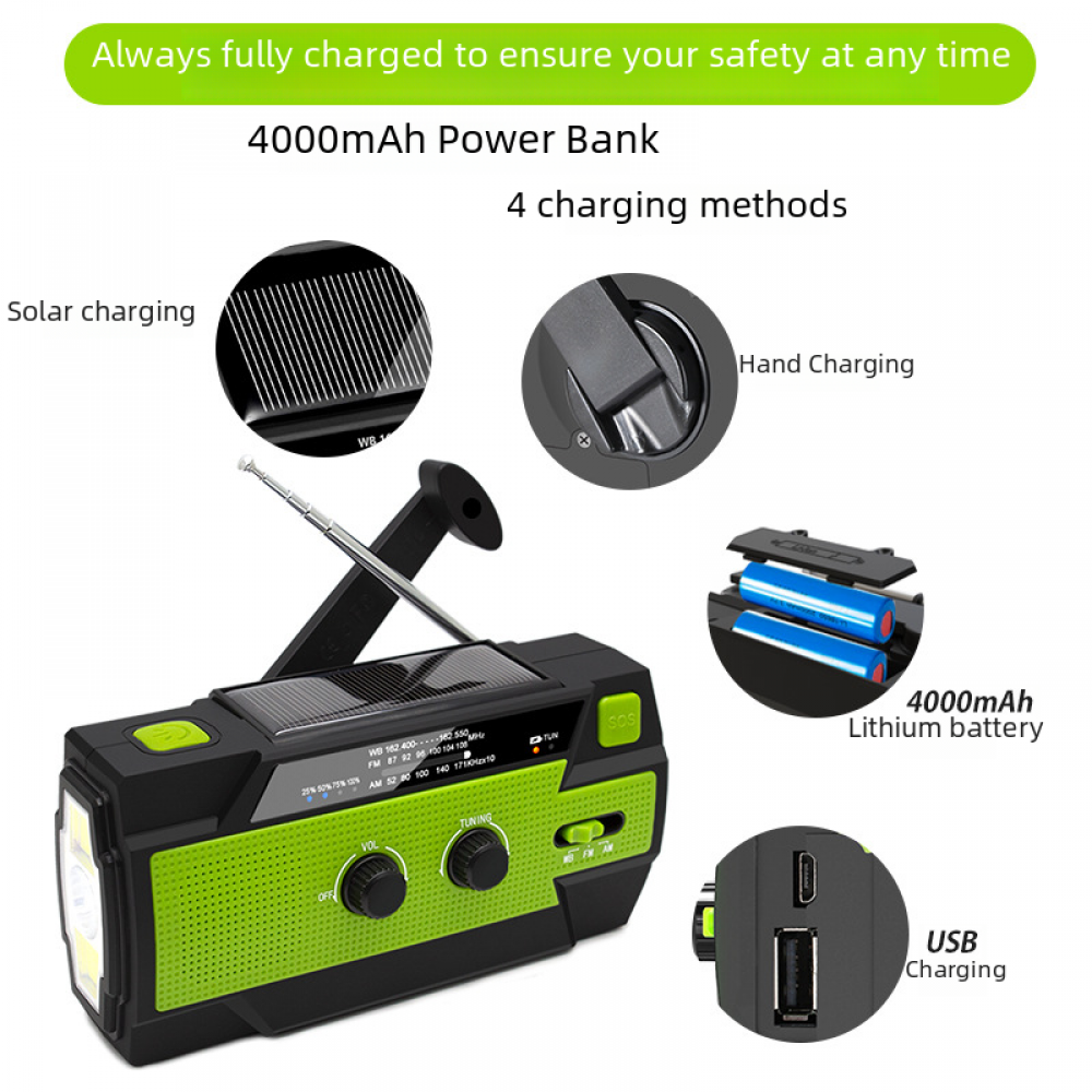 Notfallradio mit Solarpanel, Handkurbel und USB-Ladefunktion. Enthält einen 4000mAh Lithium-Akku.