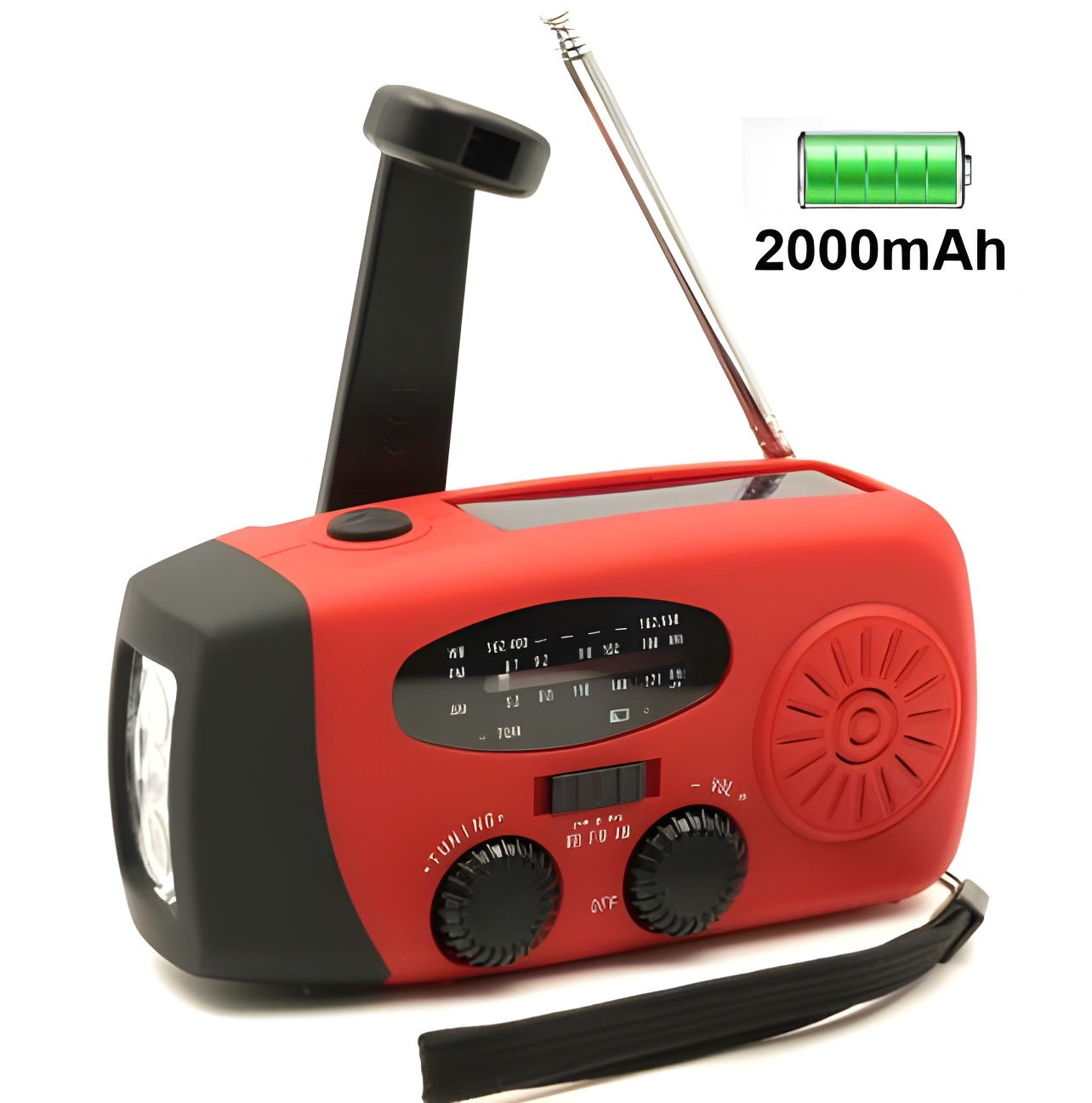 Rotes Notfallradio mit Handkurbel, Taschenlampe und Antenne. Verfügt über Knöpfe, eine Batteriestandsanzeige und einen Trageriemen.