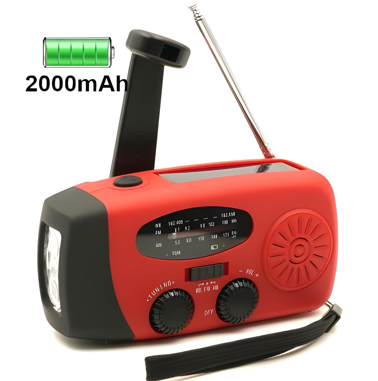Ein rotes und schwarzes Notfunkgerät mit Handkurbel, Taschenlampe und Antenne. Batterieanzeige zeigt volle Ladung.