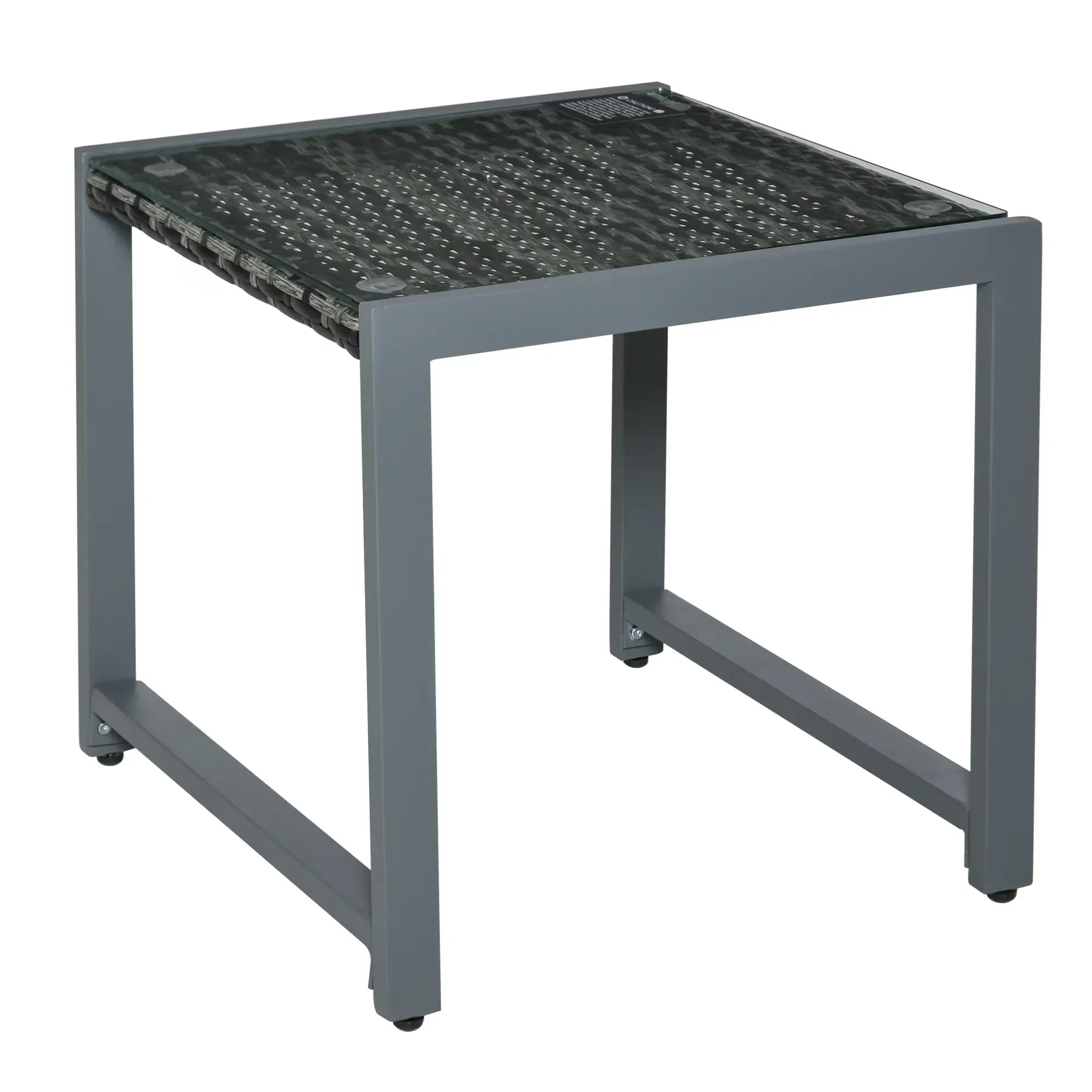 Quadratischer Beistelltisch mit grauem Metallrahmen und dunkler gemusterter Glasplatte. Die Beine sind gerade.