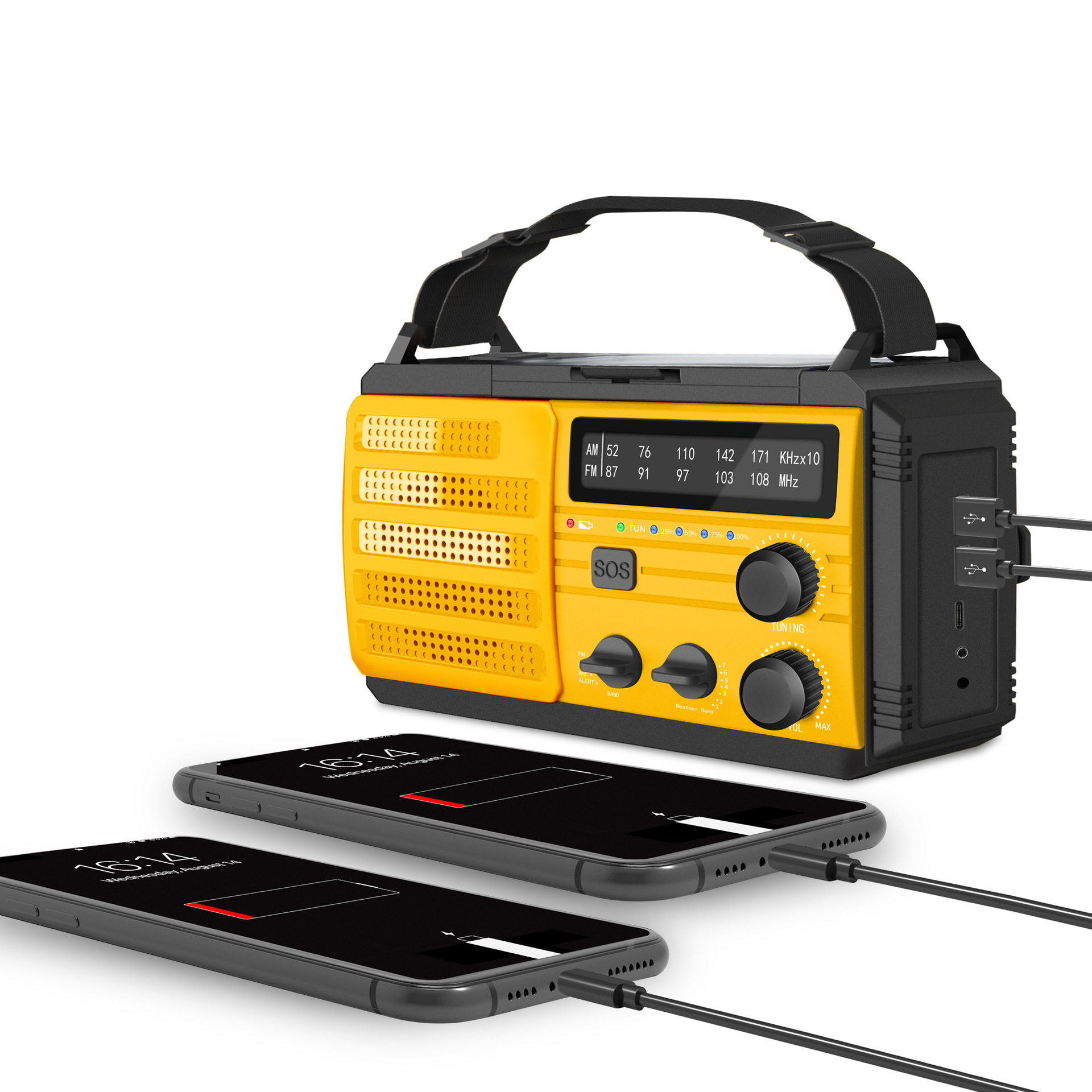 Gelbes Radio lädt zwei Telefone. Telefone zeigen 16:14 und schwachen Akku an. Schwarze Kabel verbinden sie.
